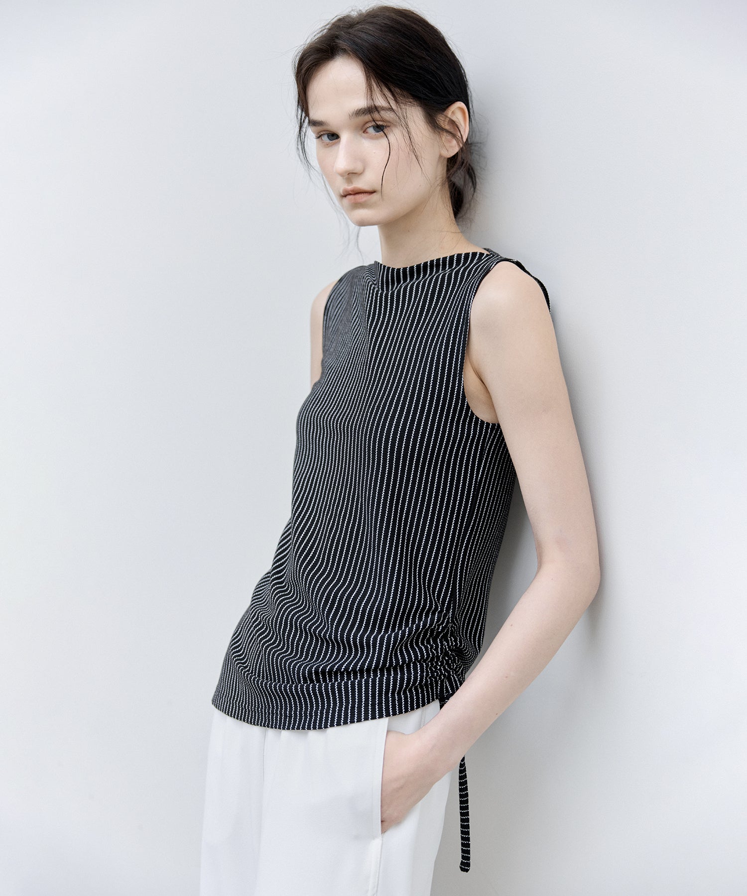 Striped Sleeveless Top with Adjustable Hem & Boat Neck