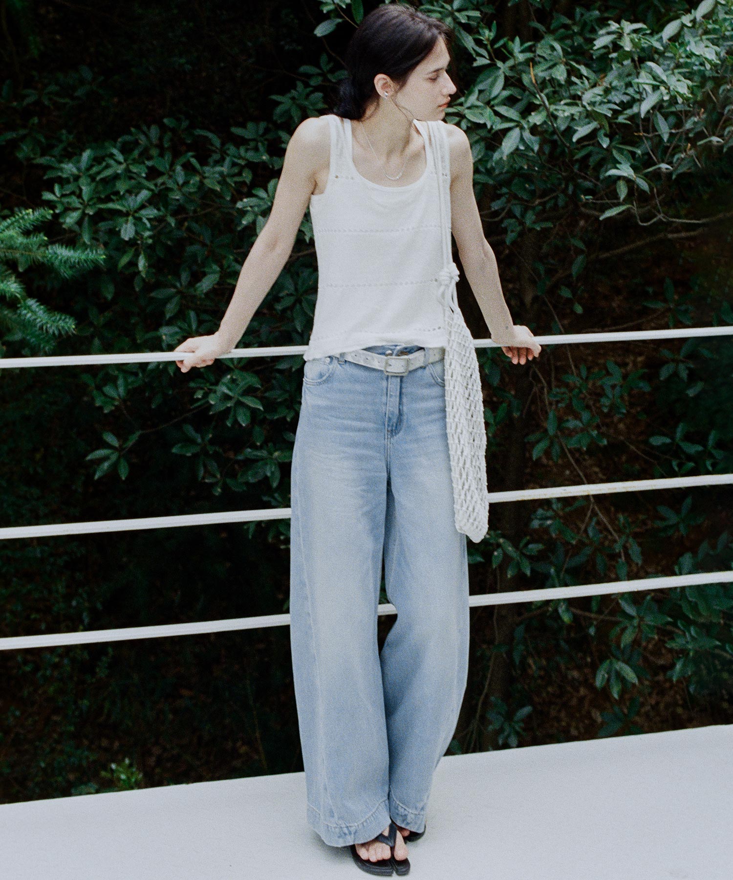 Light Wash Curved Wide-Leg Jeans with High Waist