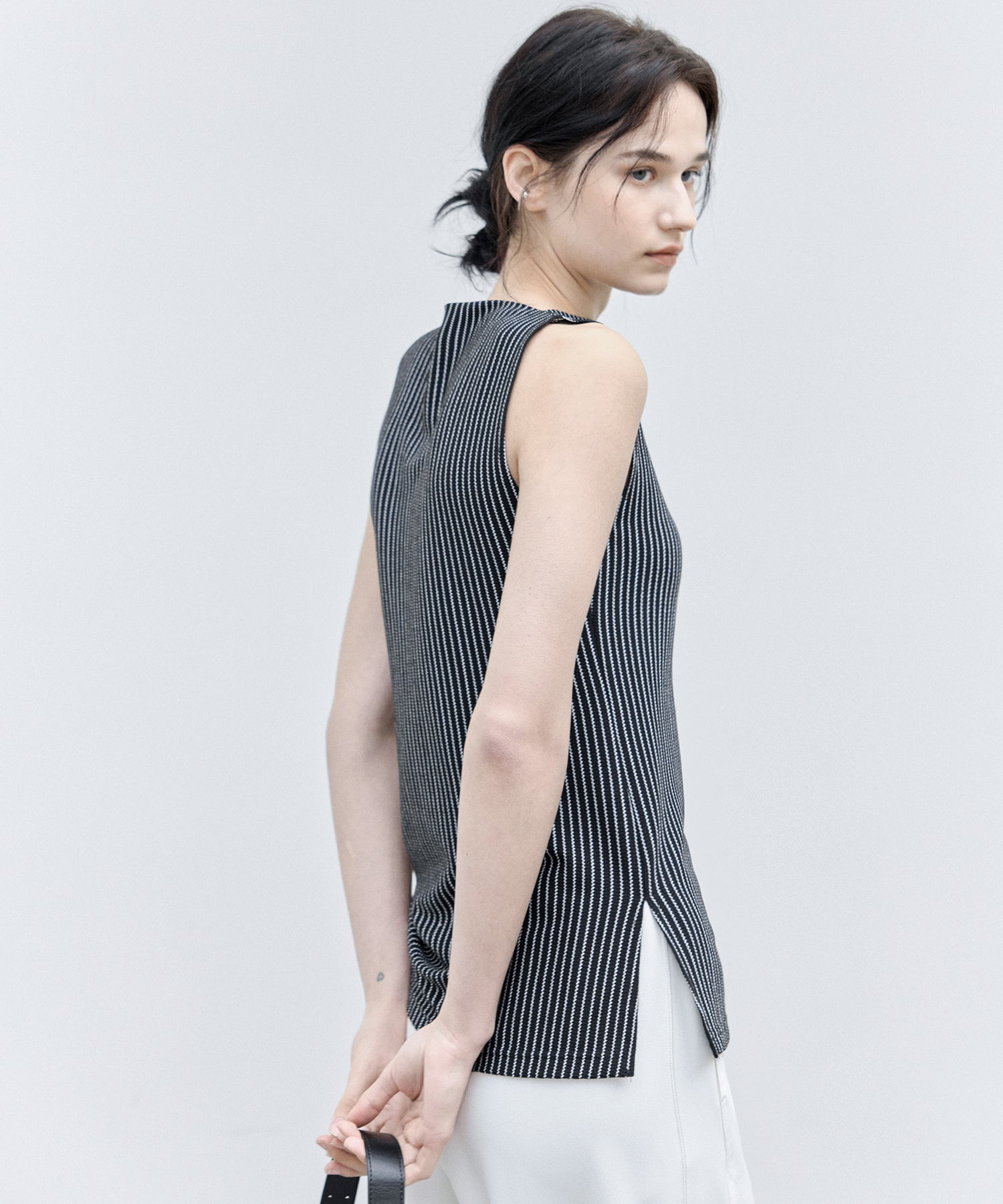 Striped Sleeveless Top with Adjustable Hem & Boat Neck