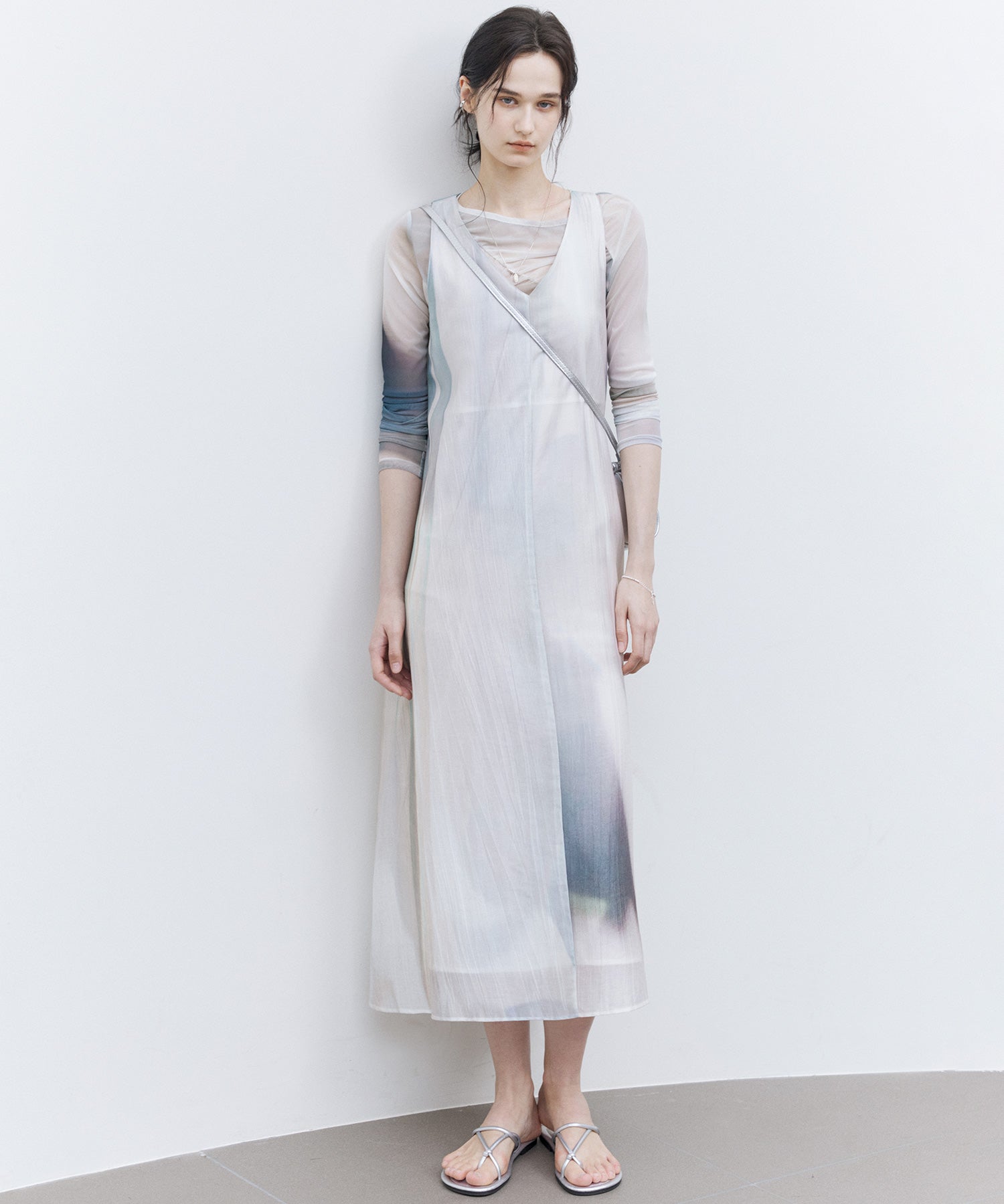Art Print Sheer Long Sleeve Top with Draped Details