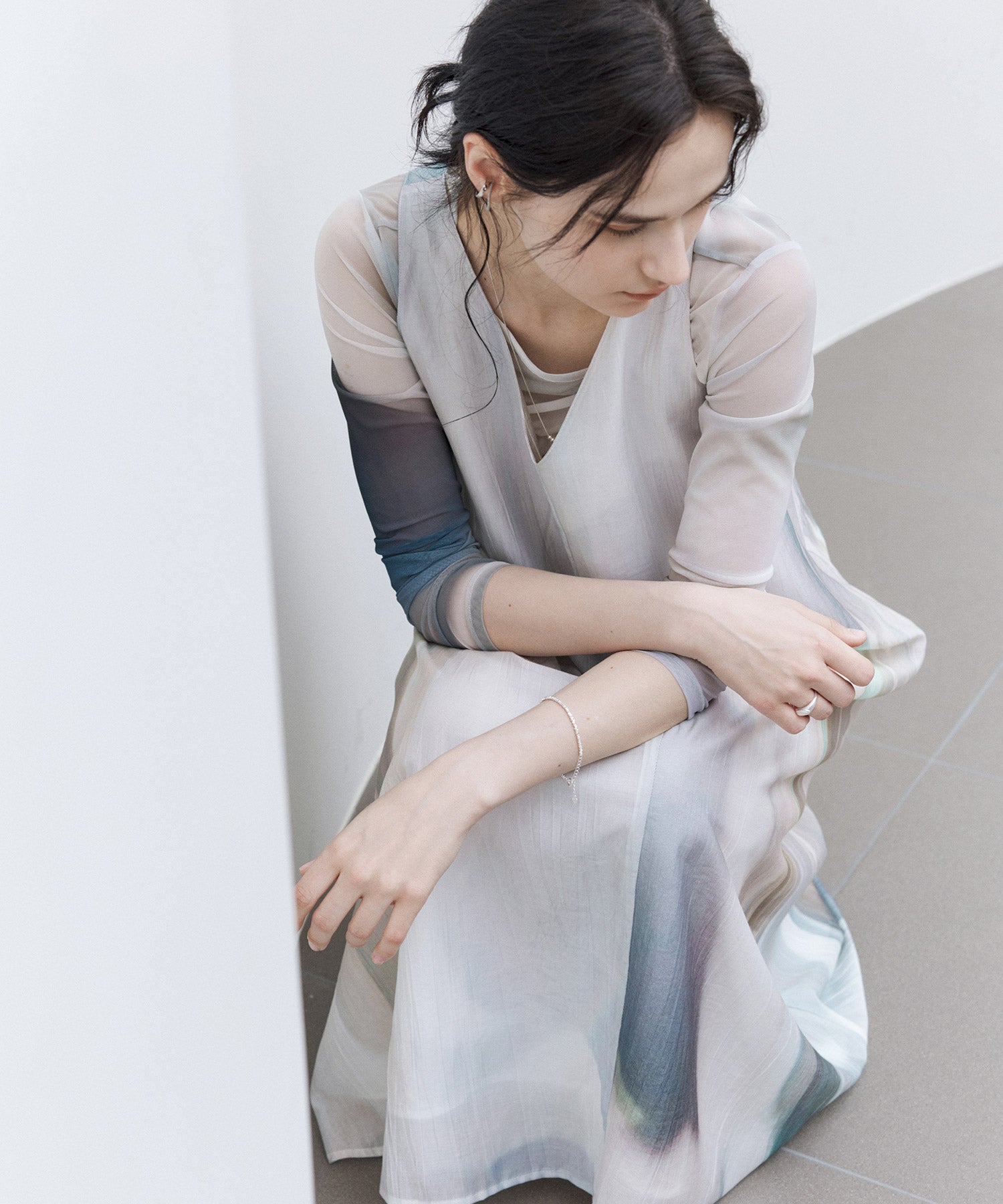Art Print Sheer Long Sleeve Top with Draped Details