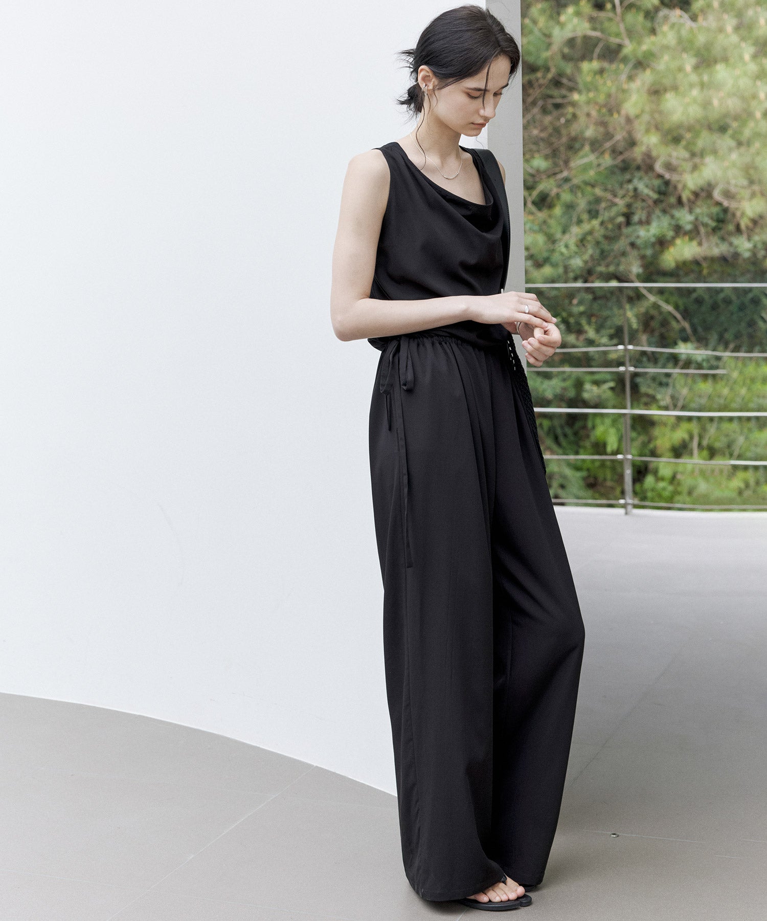 Sleeveless Wide-Leg Jumpsuit with Draped Neckline