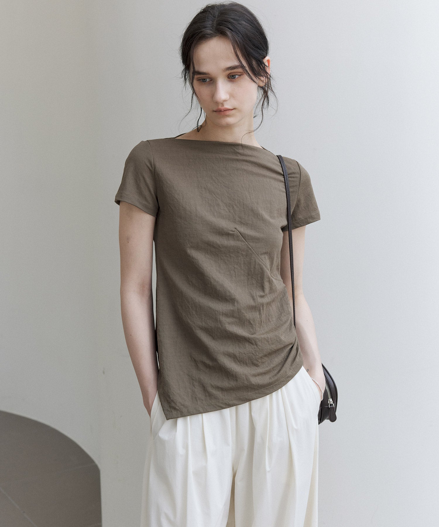 Asymmetric Slim Fit T-Shirt with Boat Neck – Deconstructed Style
