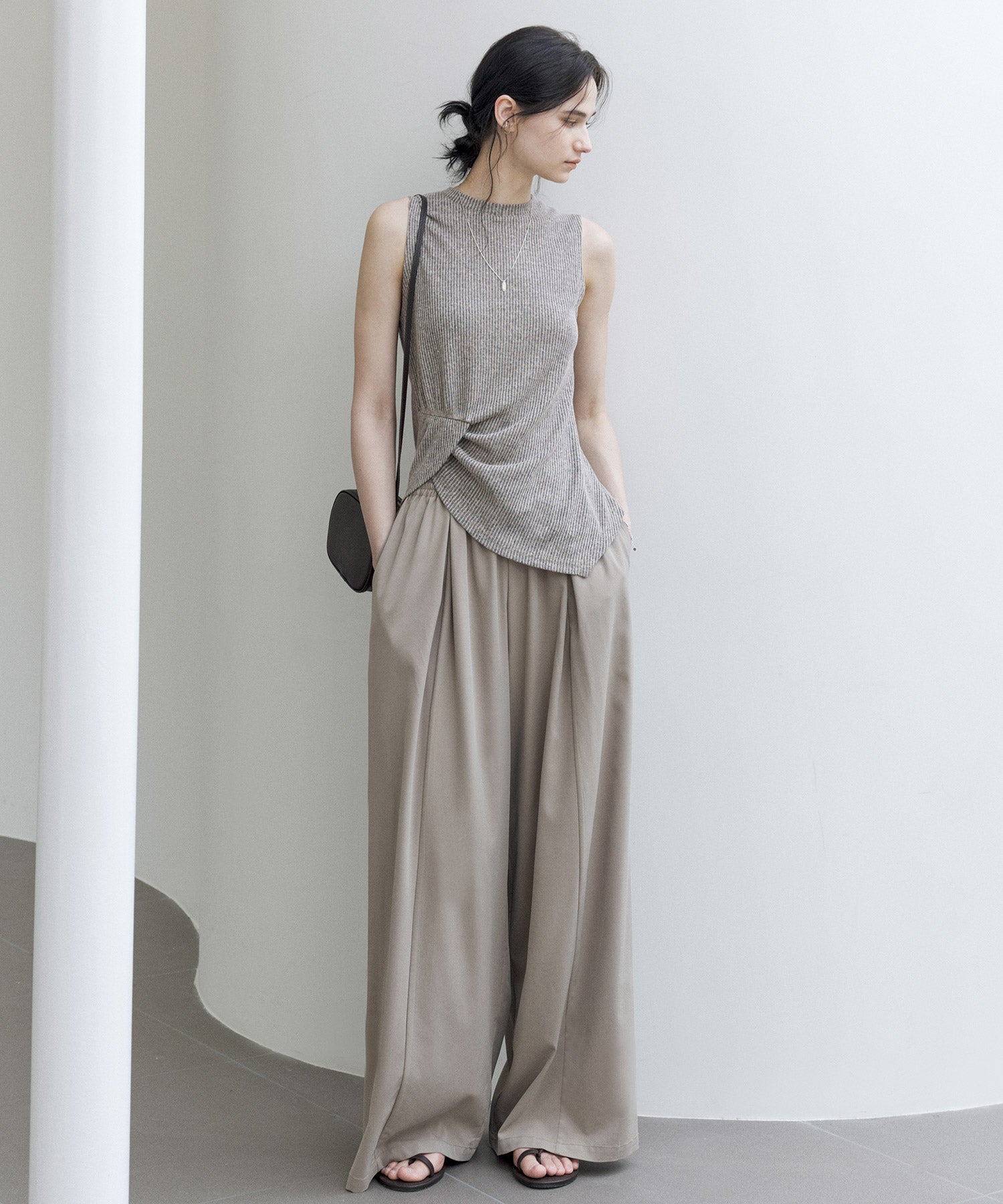 Linen Blend Sleeveless Knit Top with Deconstructed Tuck Design
