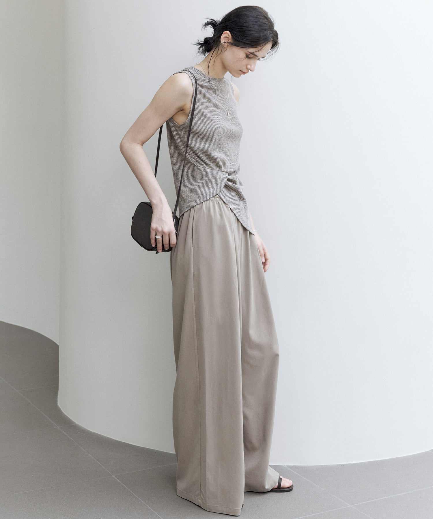 Linen Blend Sleeveless Knit Top with Deconstructed Tuck Design