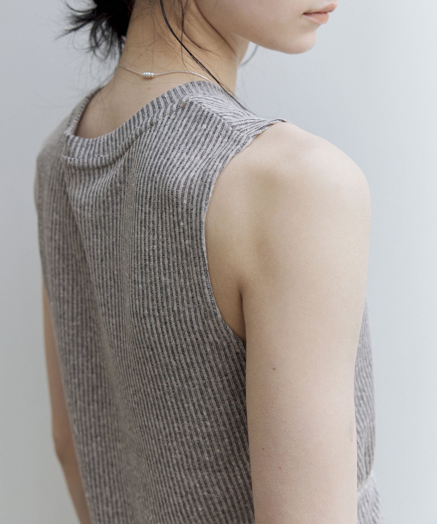 Linen Blend Sleeveless Knit Top with Deconstructed Tuck Design
