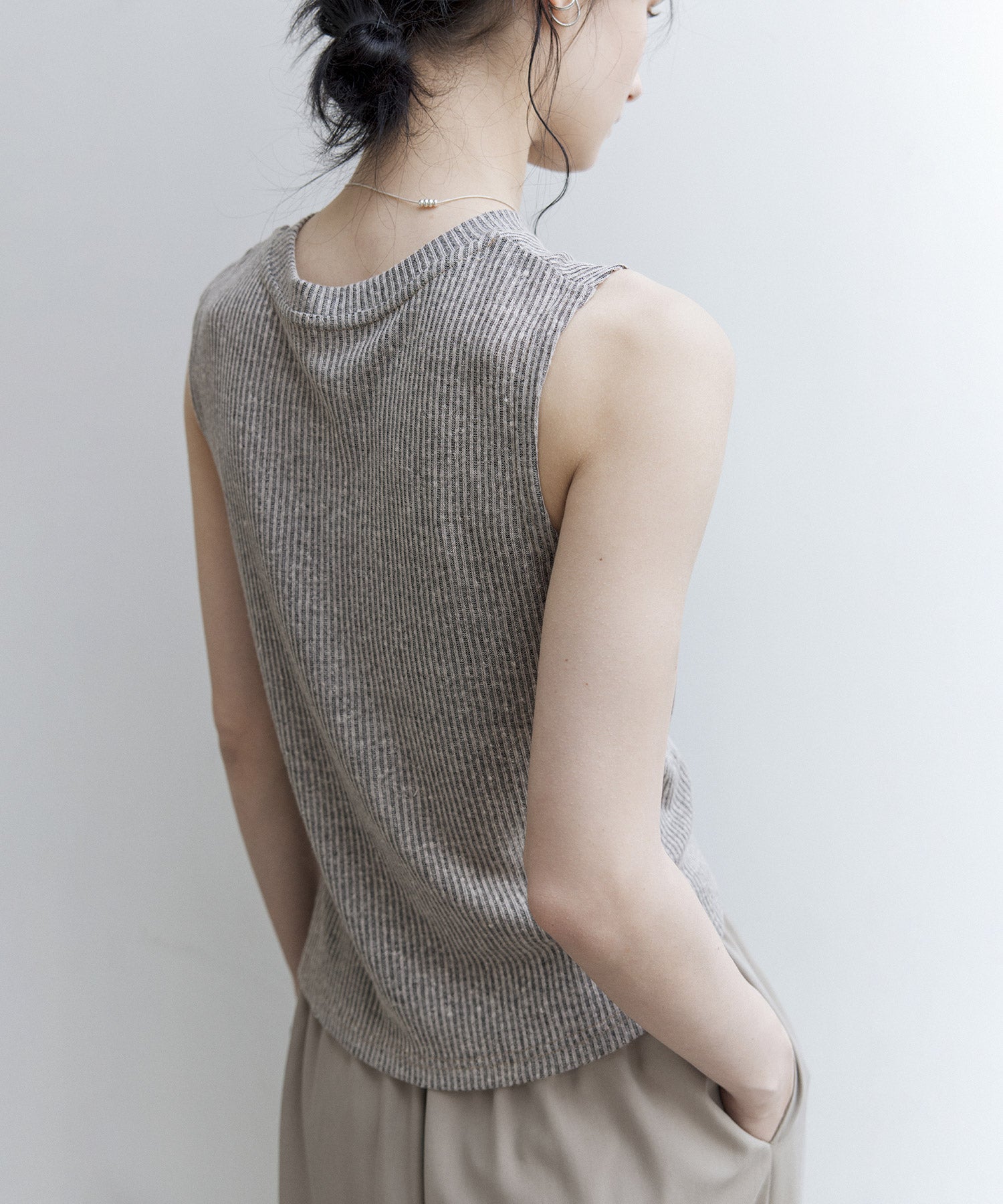 Linen Blend Sleeveless Knit Top with Deconstructed Tuck Design