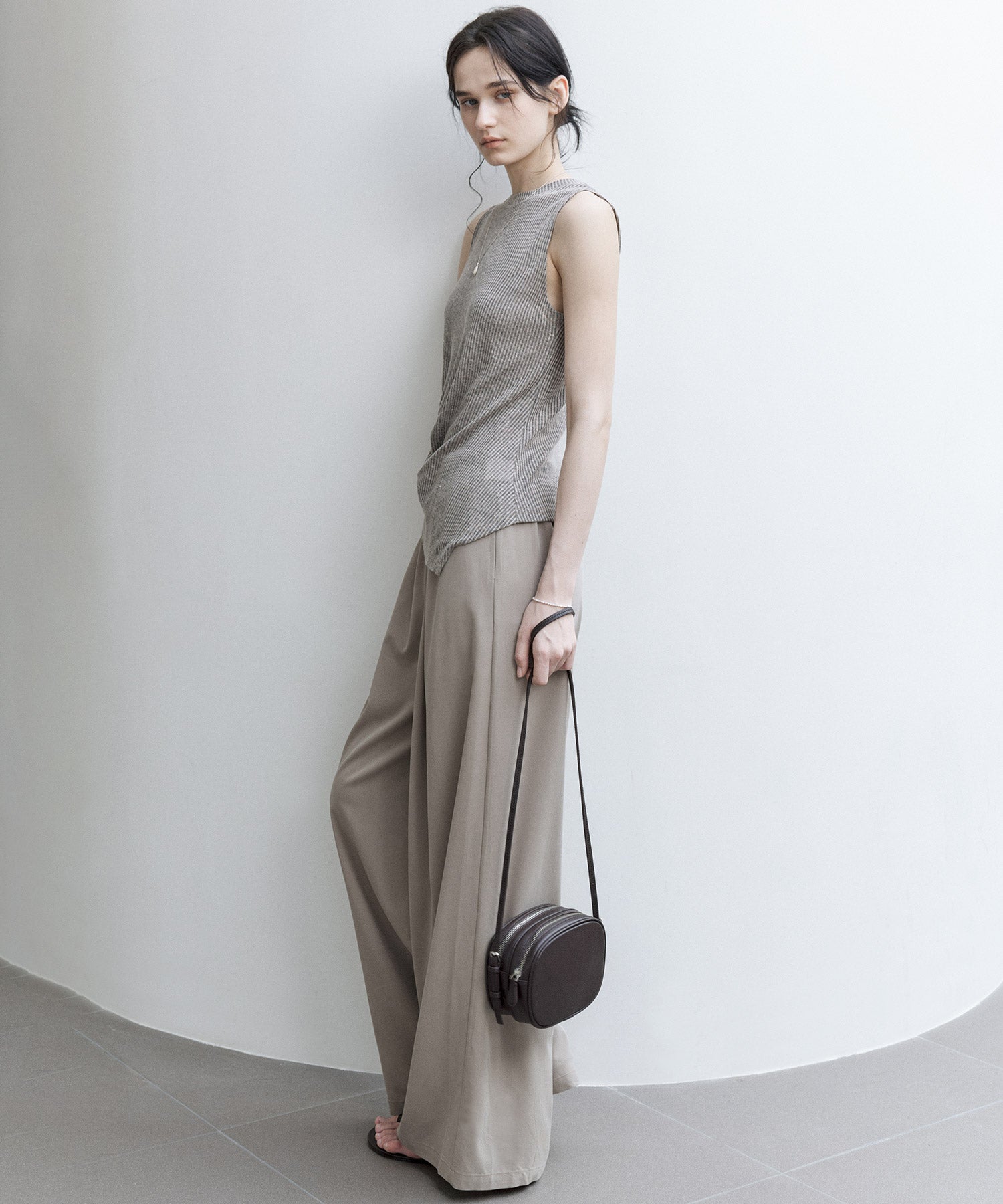 Linen Blend Sleeveless Knit Top with Deconstructed Tuck Design