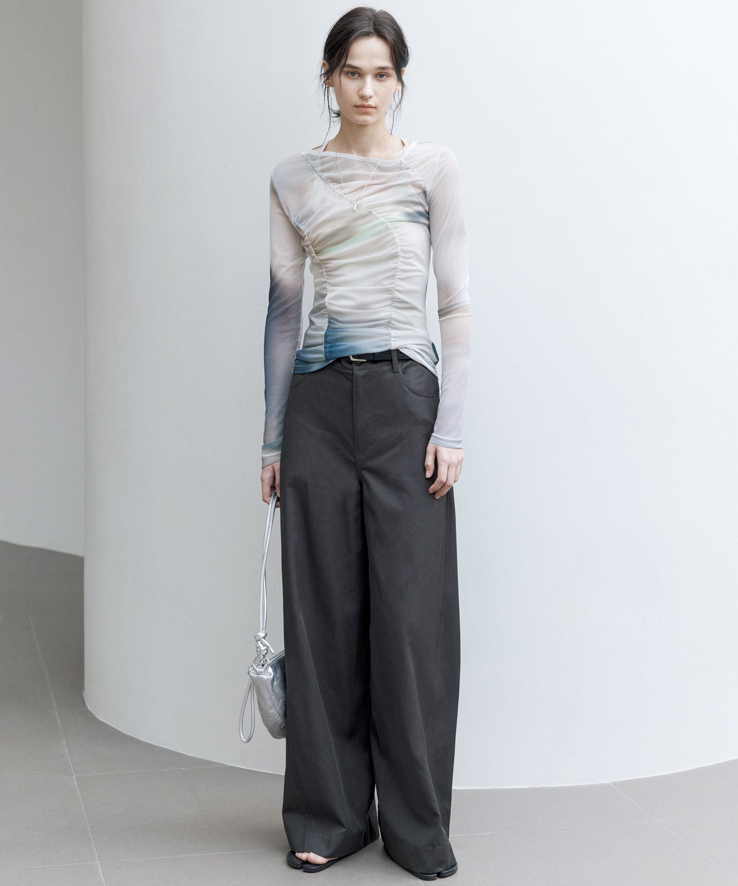 Art Print Sheer Long Sleeve Top with Draped Details