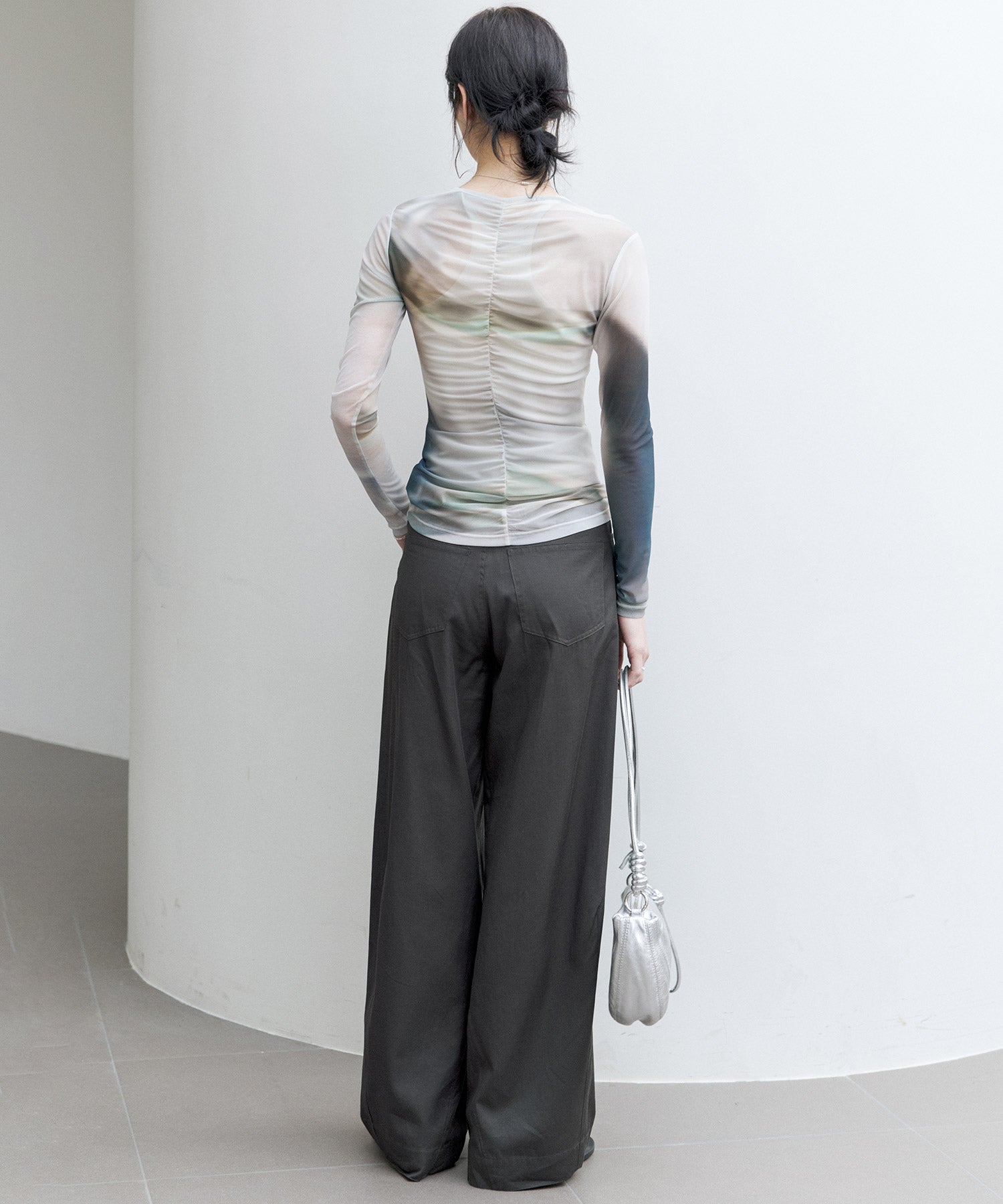 Art Print Sheer Long Sleeve Top with Draped Details