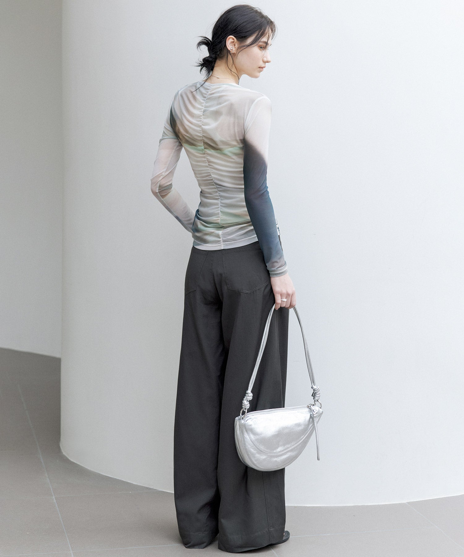 Art Print Sheer Long Sleeve Top with Draped Details