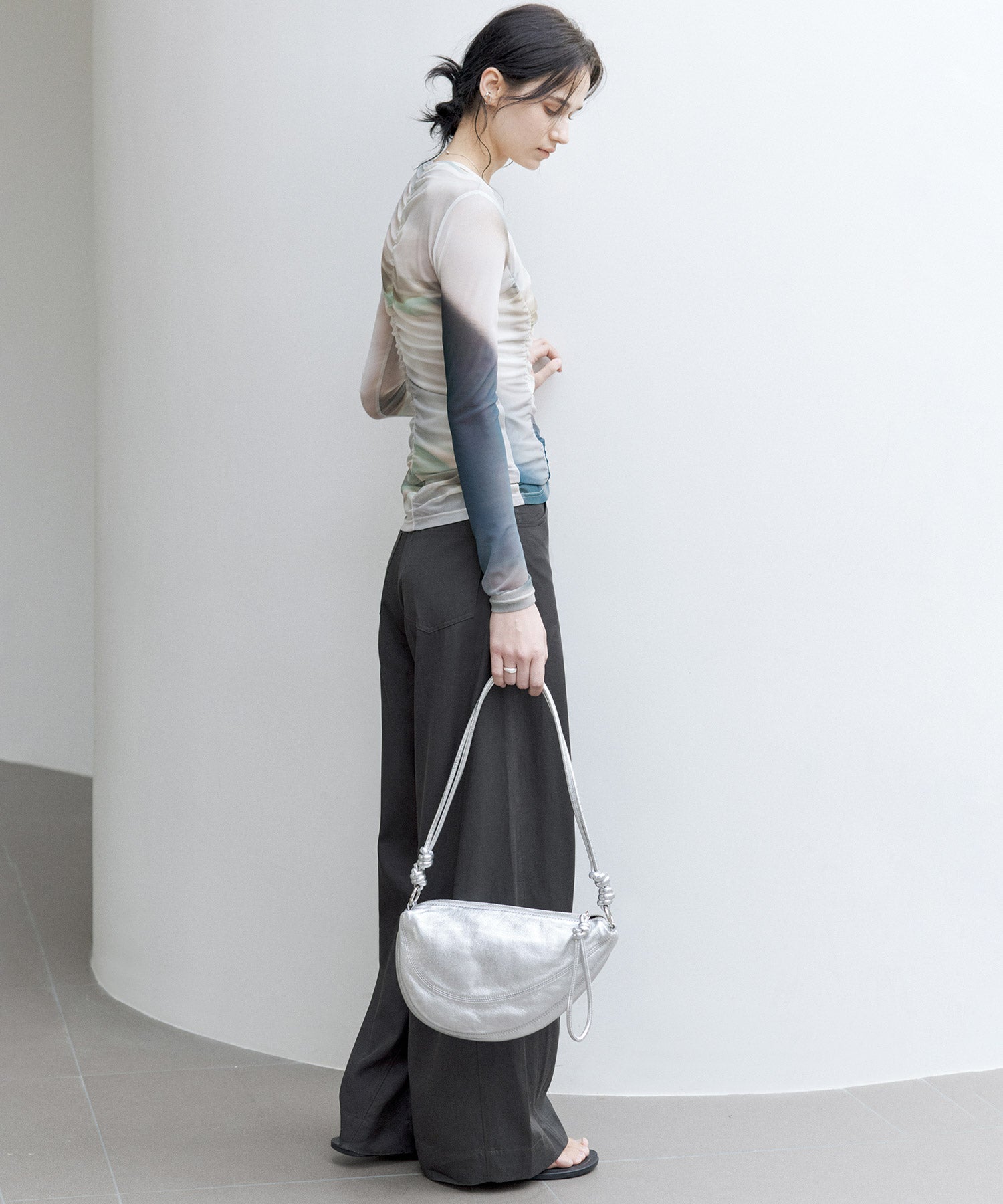 Art Print Sheer Long Sleeve Top with Draped Details