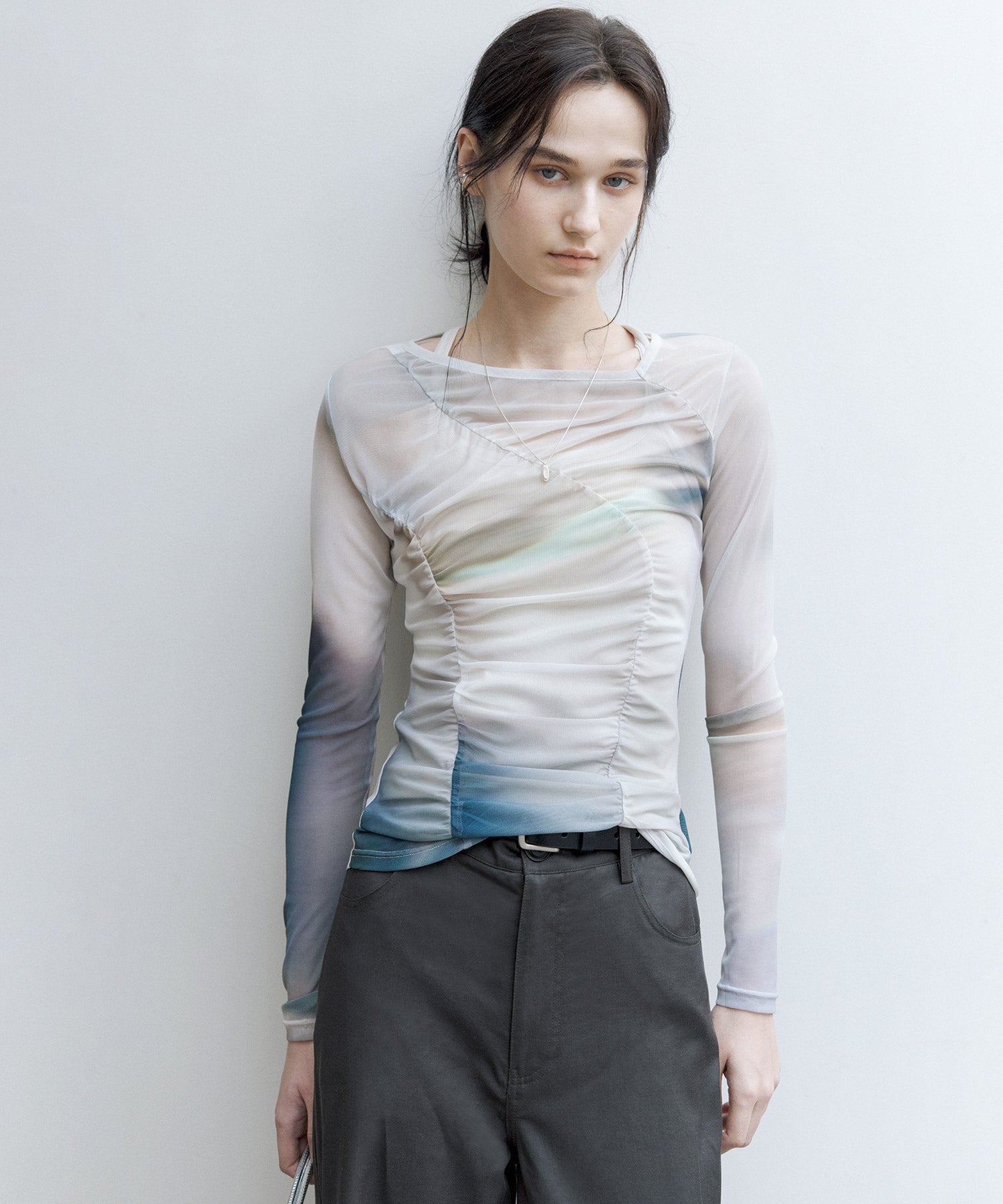 Art Print Sheer Long Sleeve Top with Draped Details