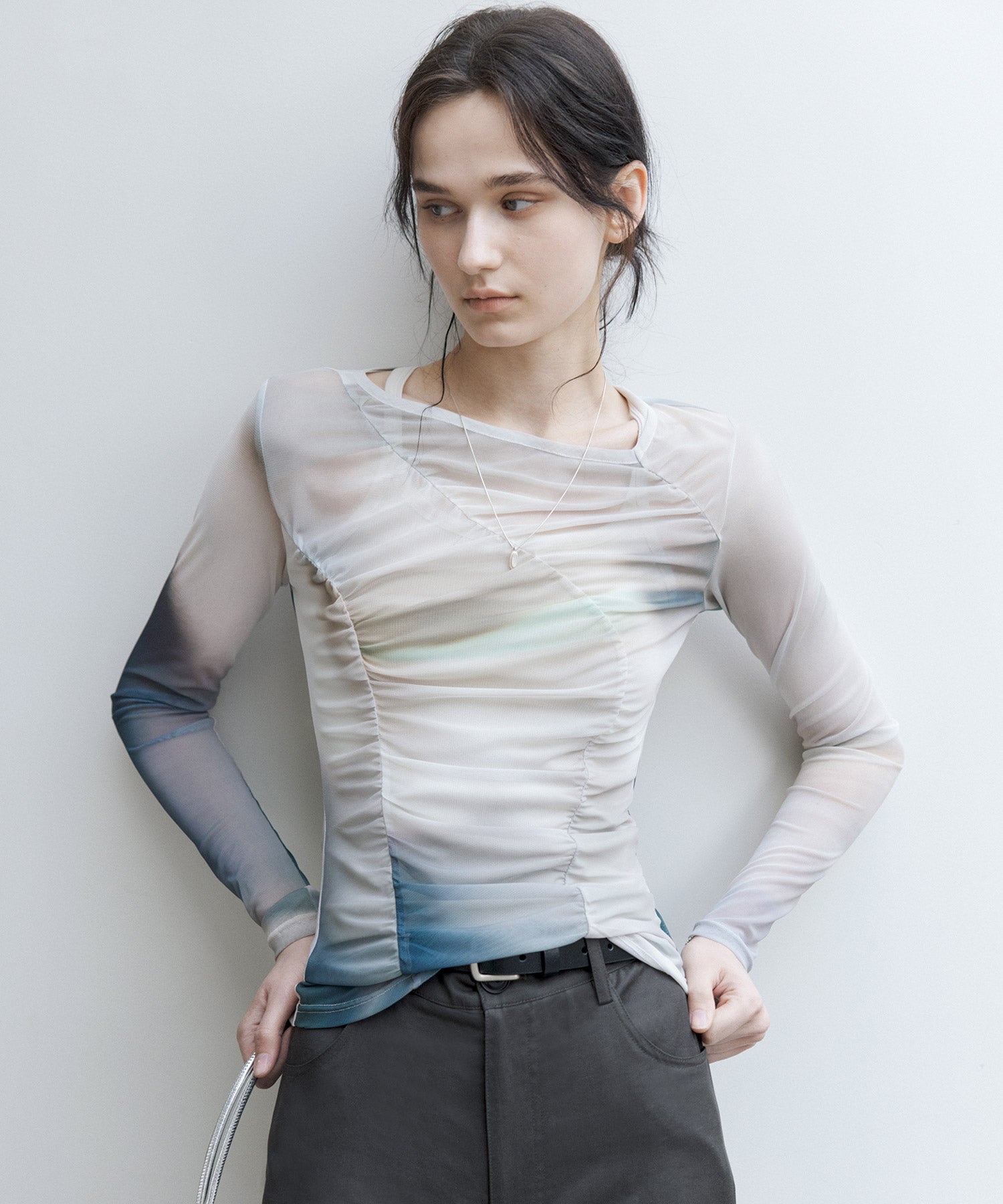 Art Print Sheer Long Sleeve Top with Draped Details