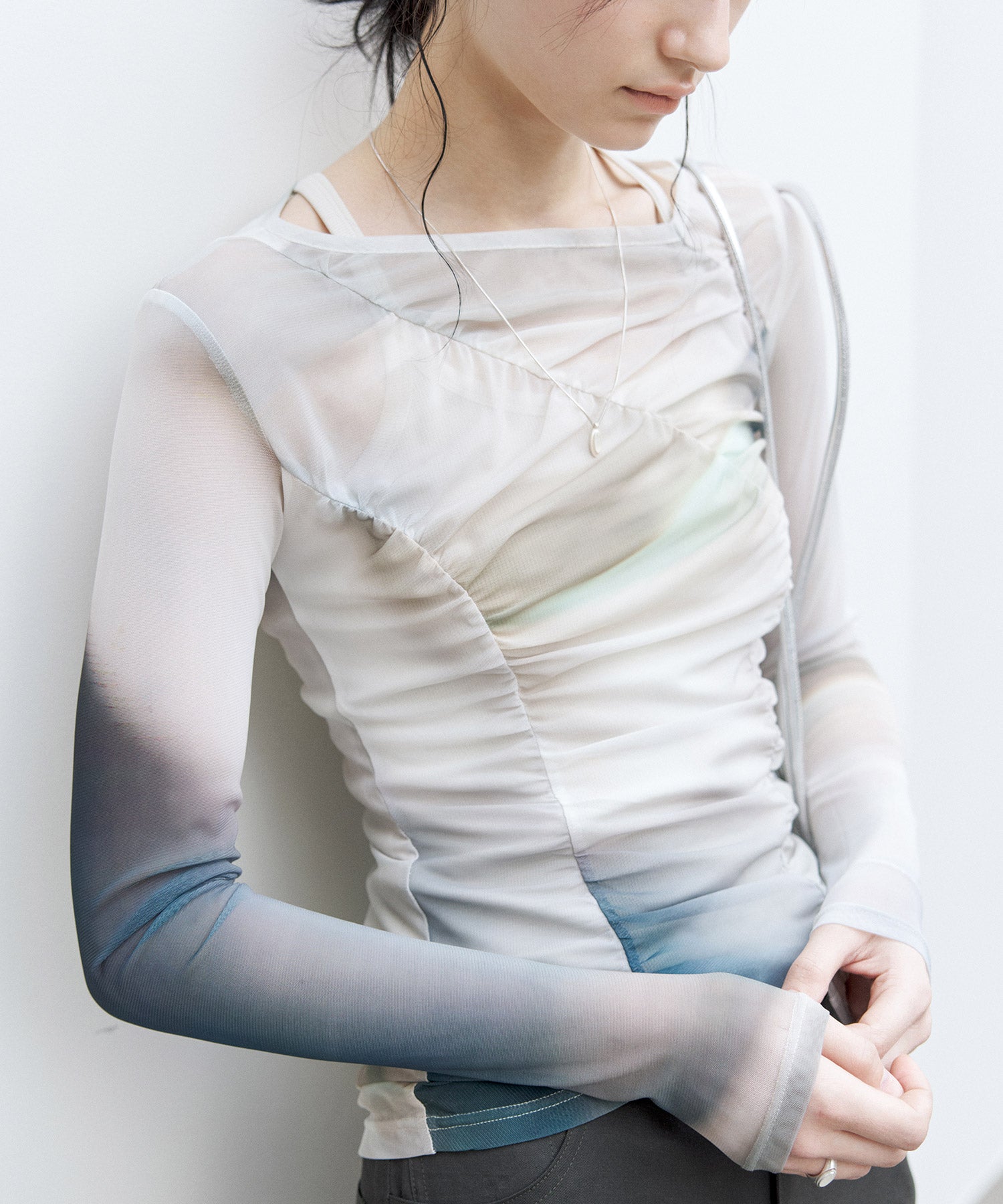 Art Print Sheer Long Sleeve Top with Draped Details