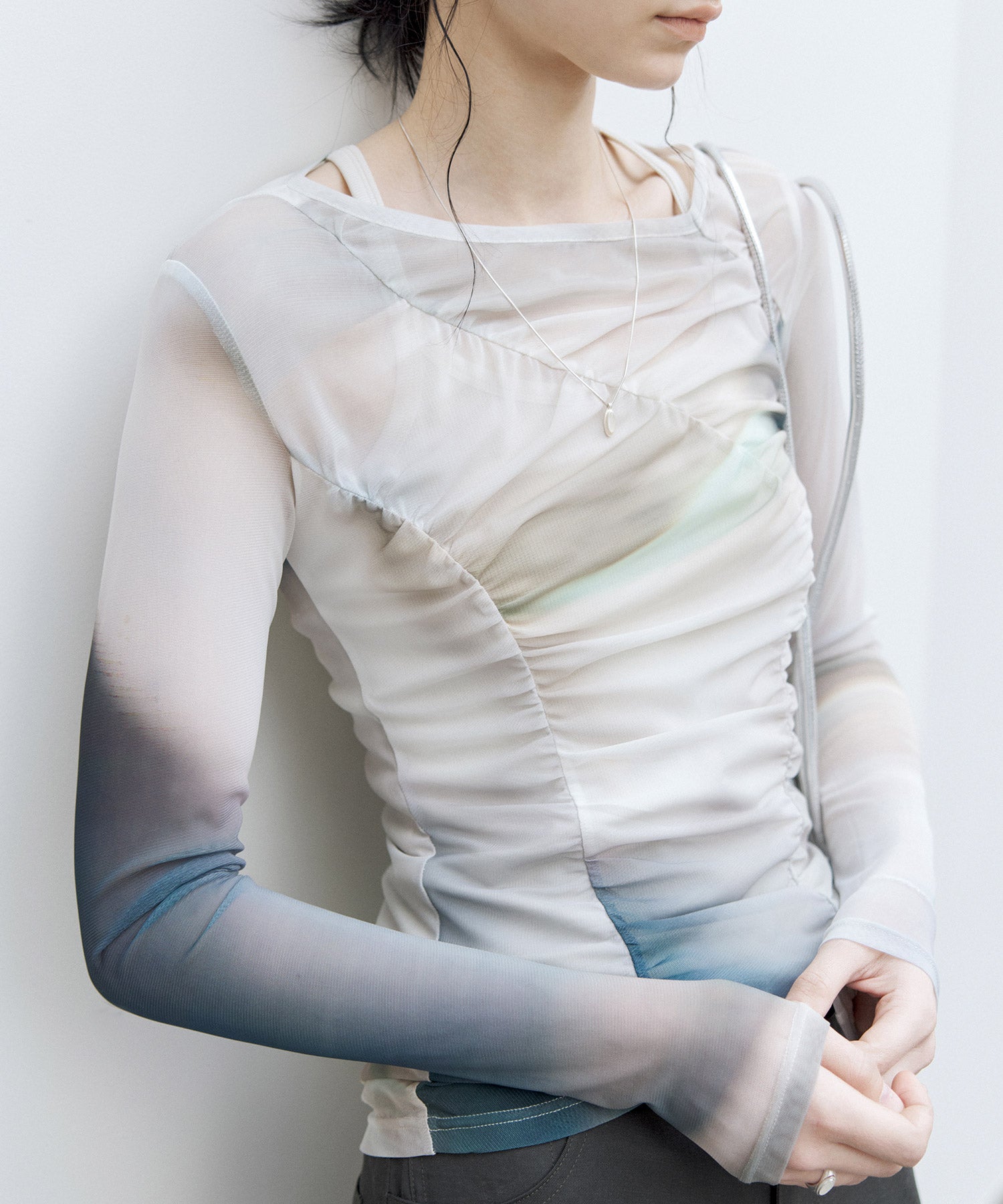 Art Print Sheer Long Sleeve Top with Draped Details