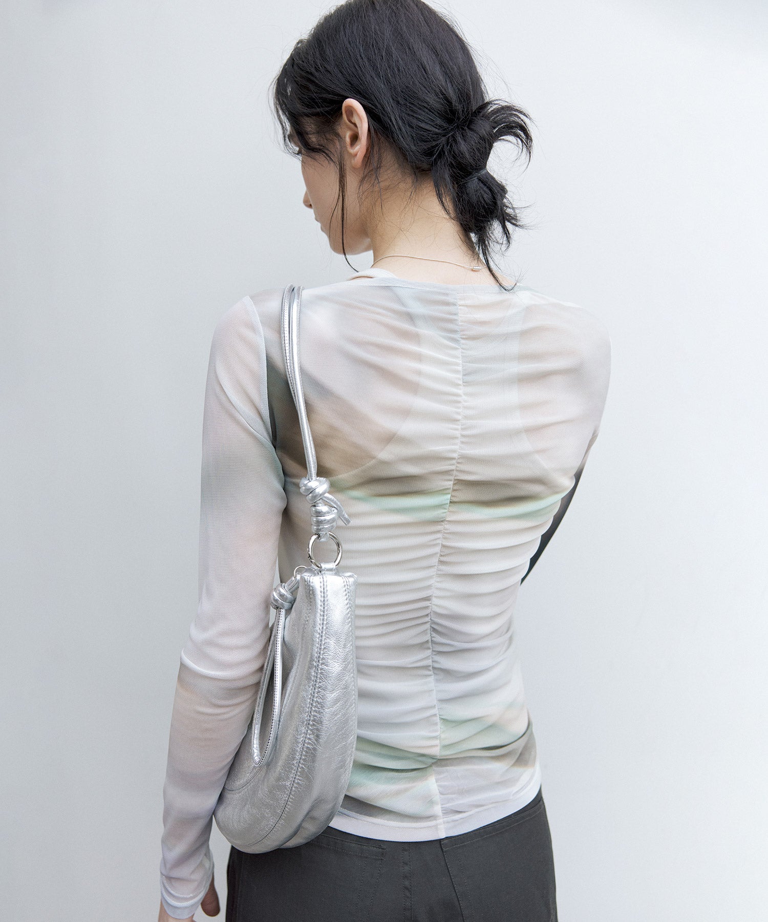Art Print Sheer Long Sleeve Top with Draped Details