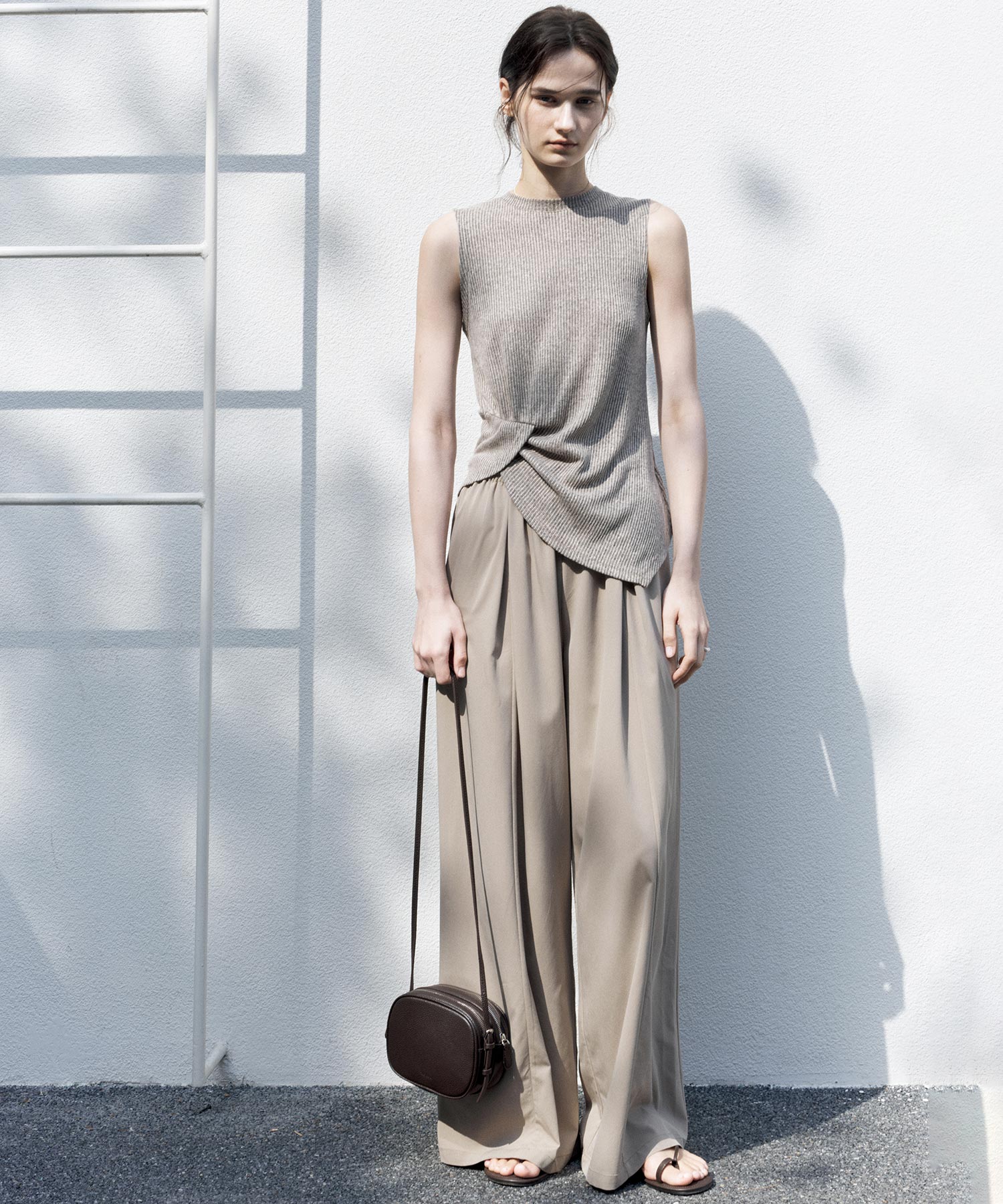 Linen Blend Sleeveless Knit Top with Deconstructed Tuck Design
