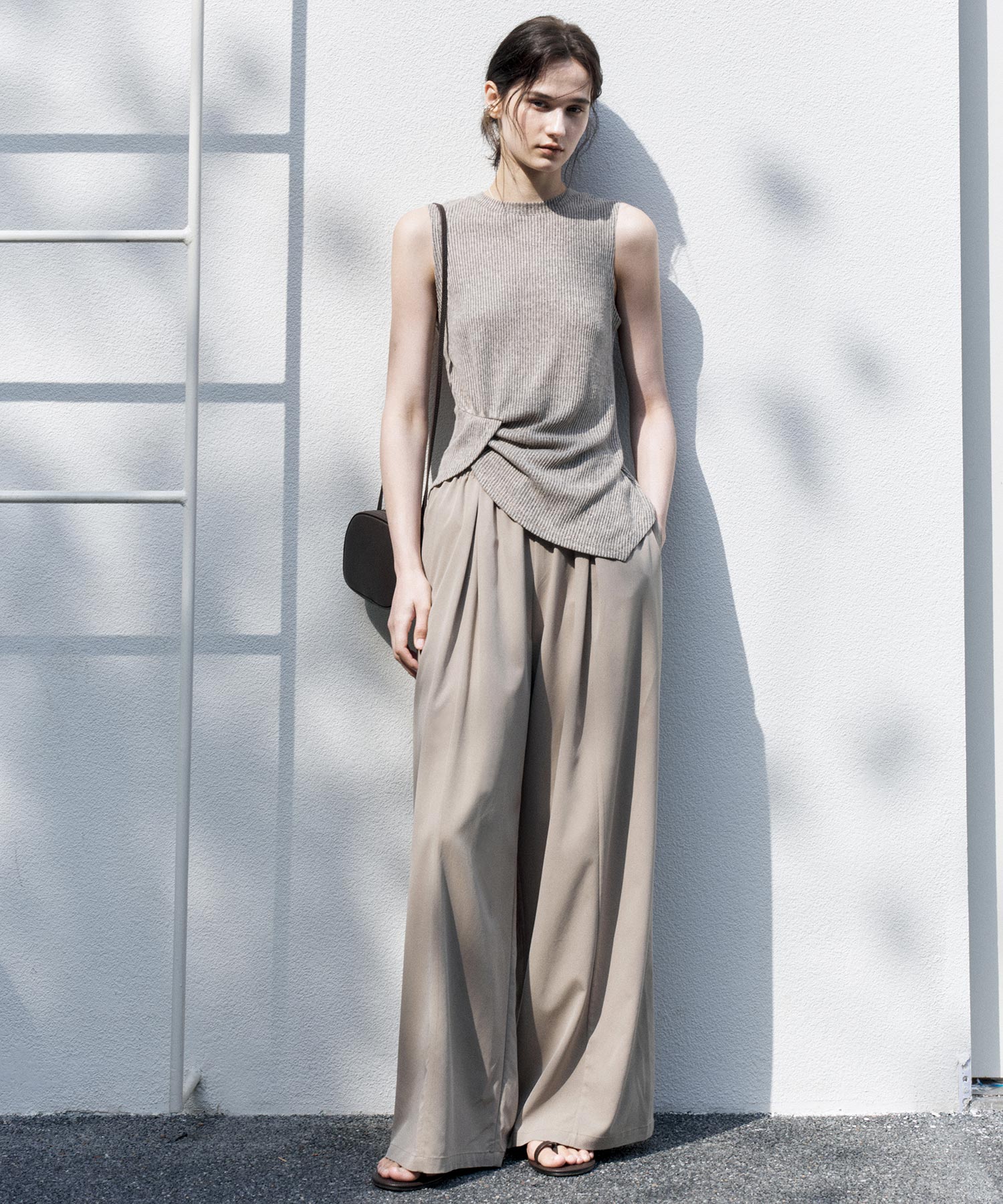 Linen Blend Sleeveless Knit Top with Deconstructed Tuck Design