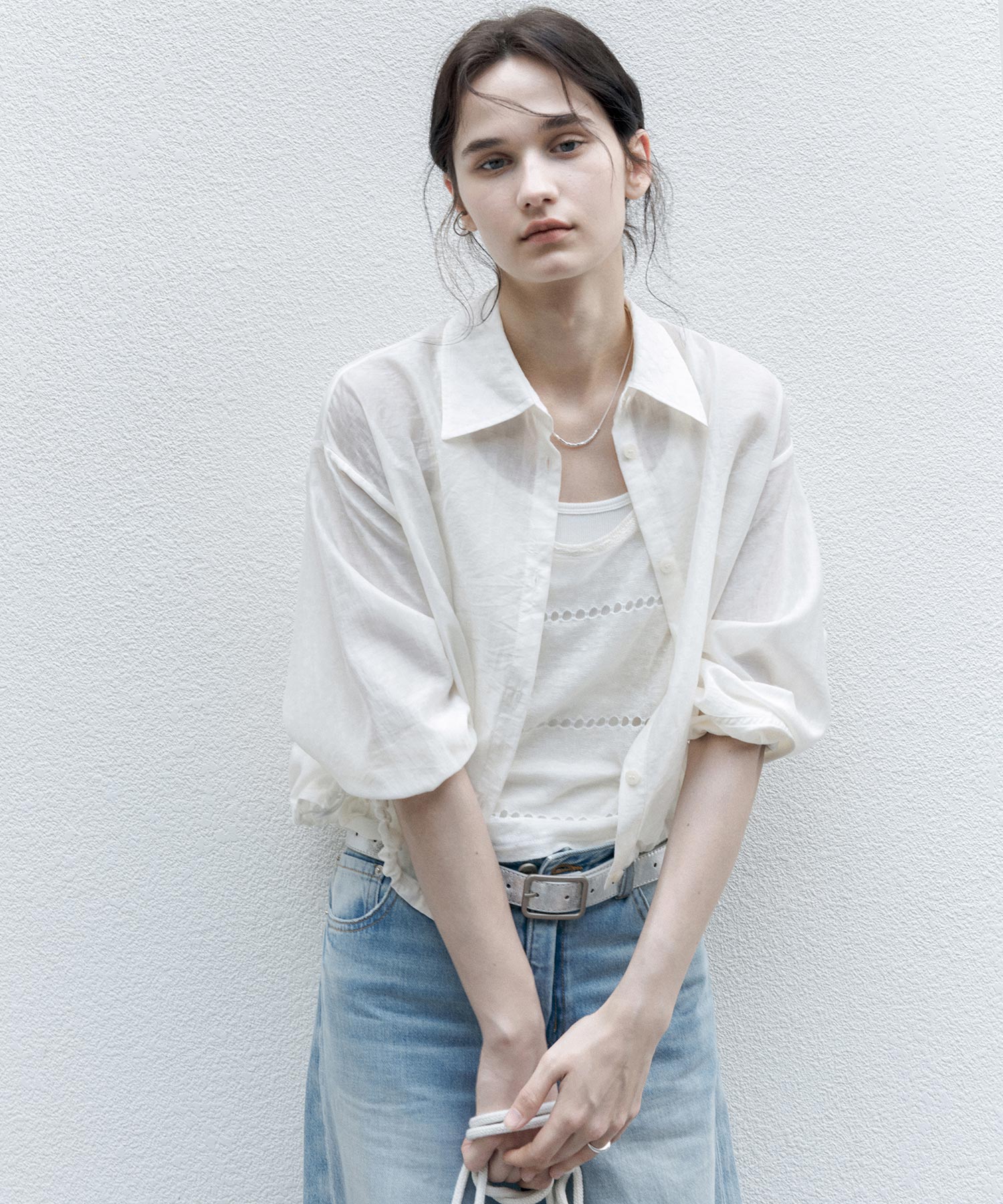 Sheer Cropped Shirt with Dropped Shoulders