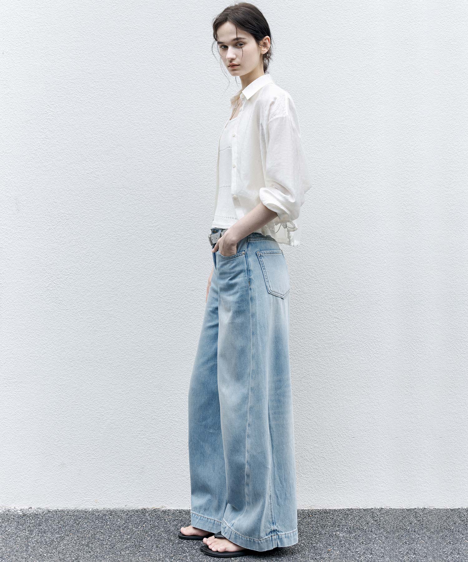 Sheer Cropped Shirt with Dropped Shoulders
