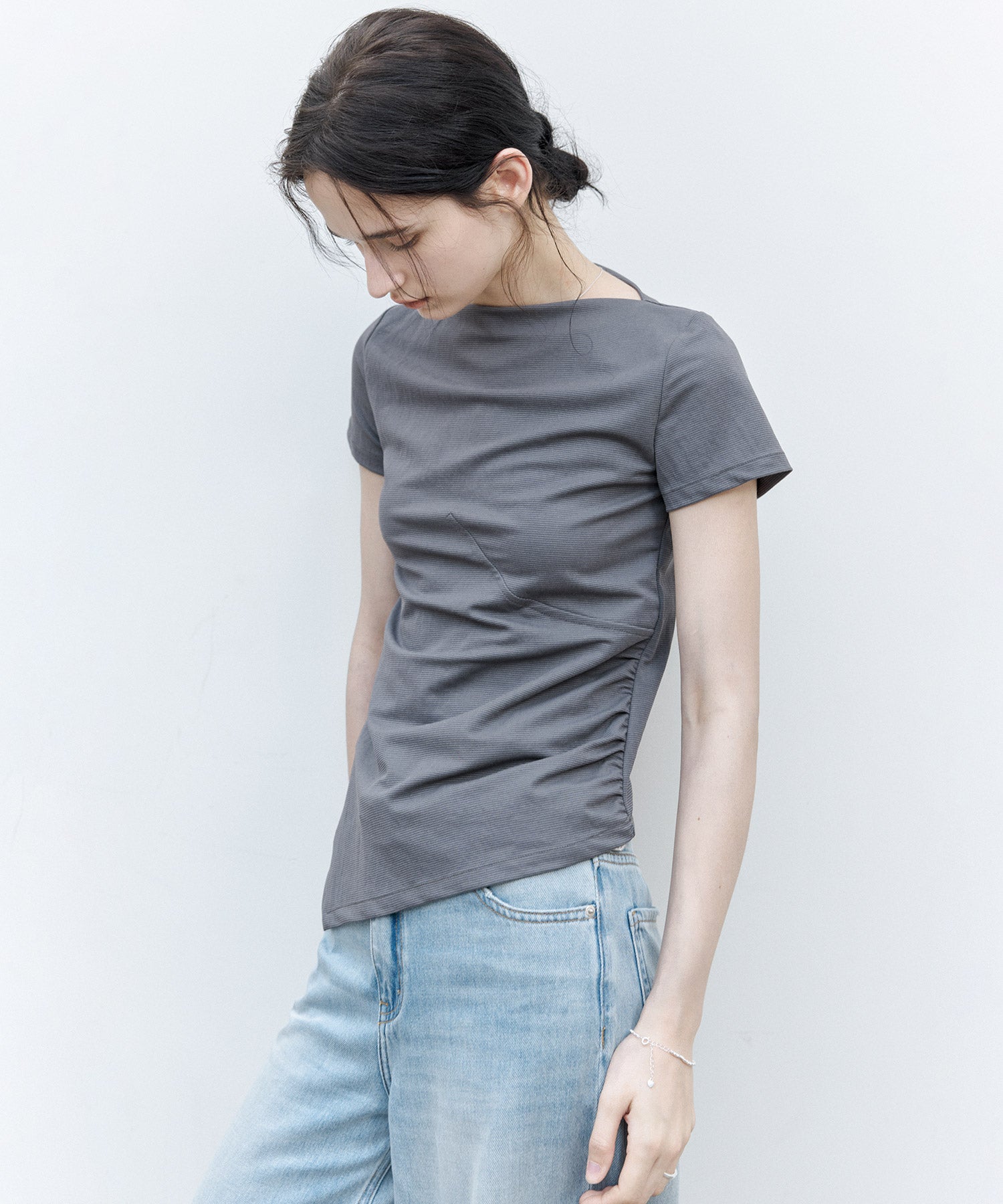 Asymmetric Slim Fit T-Shirt with Boat Neck – Deconstructed Style