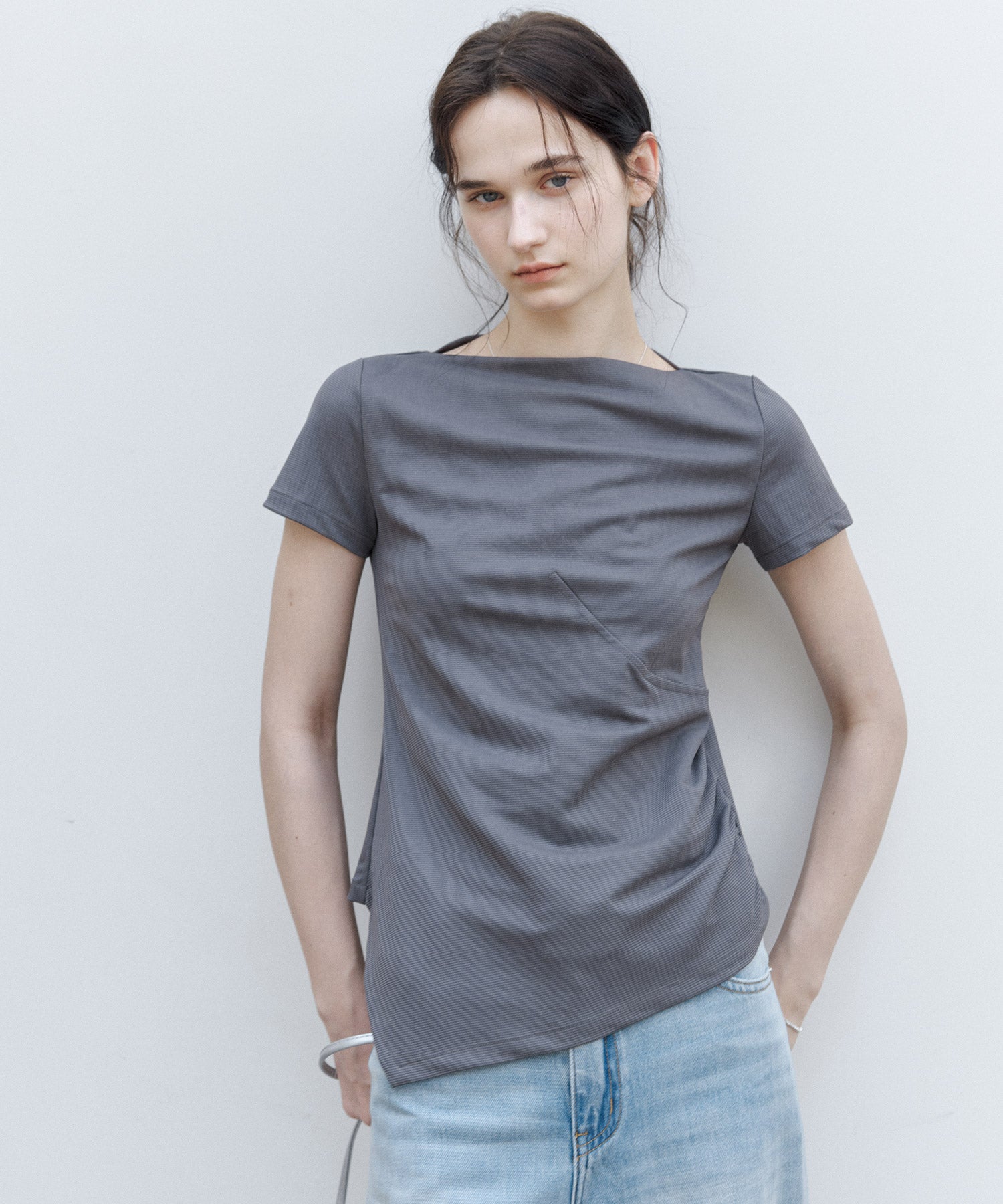 Asymmetric Slim Fit T-Shirt with Boat Neck – Deconstructed Style