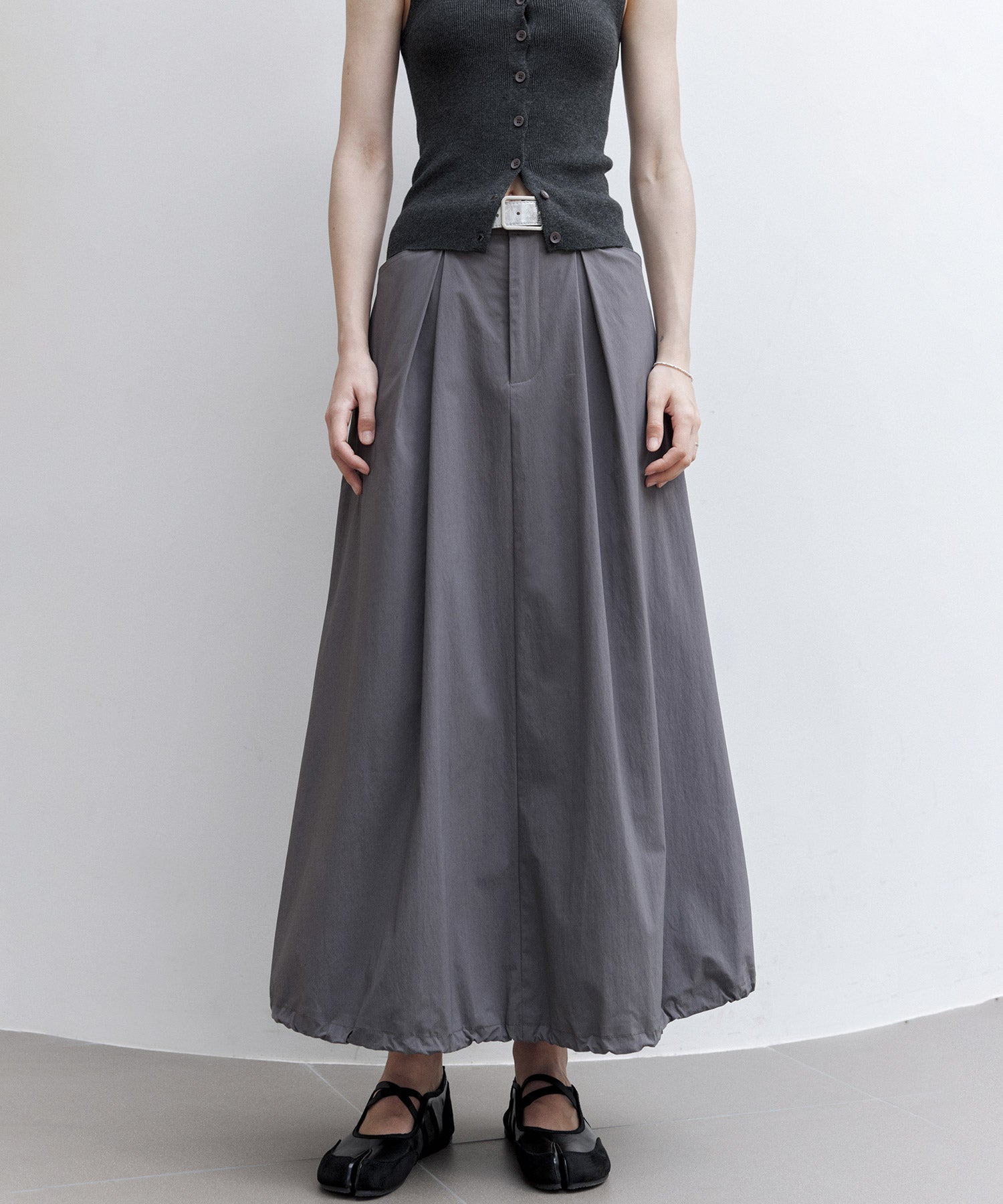 Mid-Rise A-Line Balloon Skirt with Pleated Utility Design