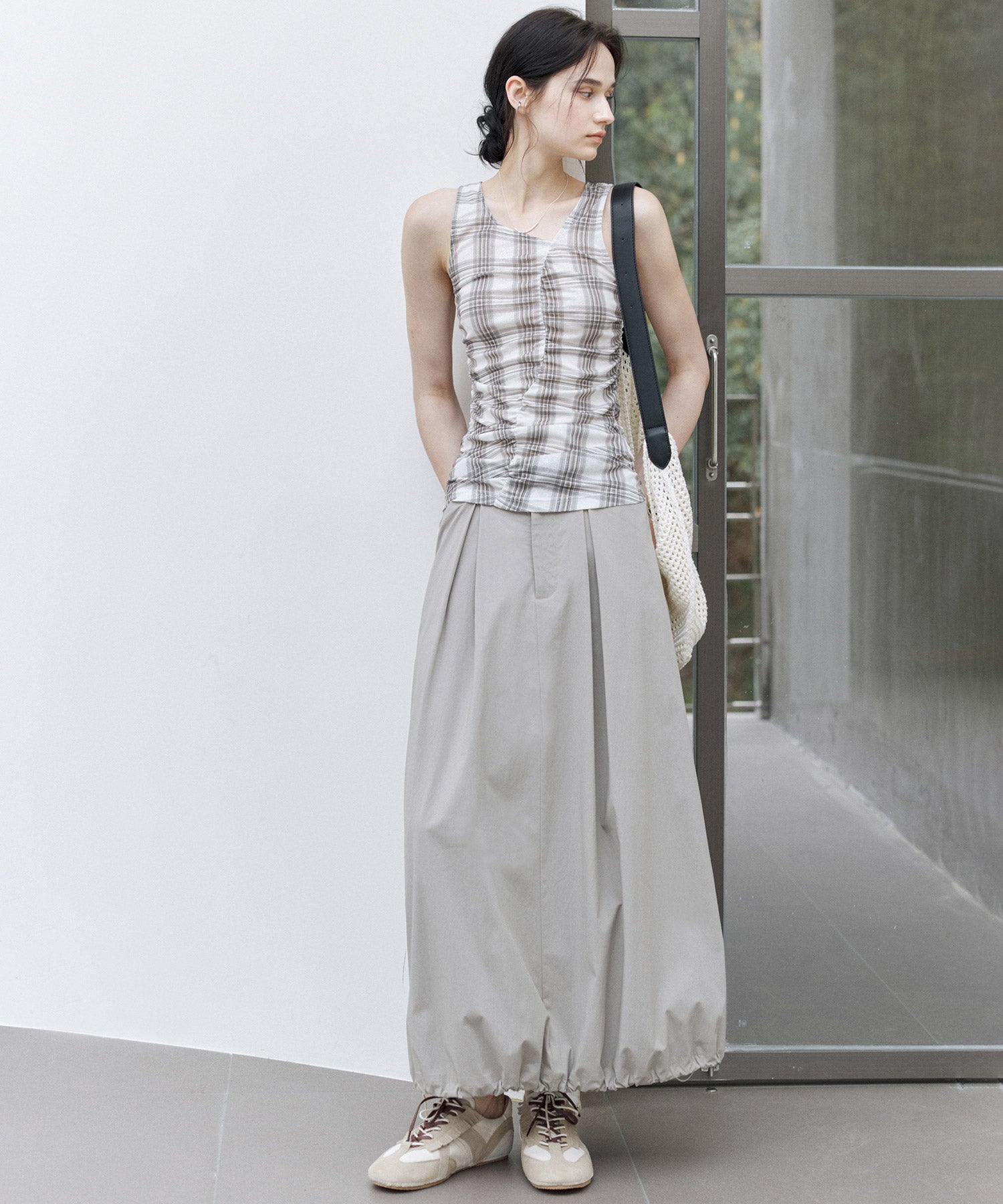 Mid-Rise A-Line Balloon Skirt with Pleated Utility Design