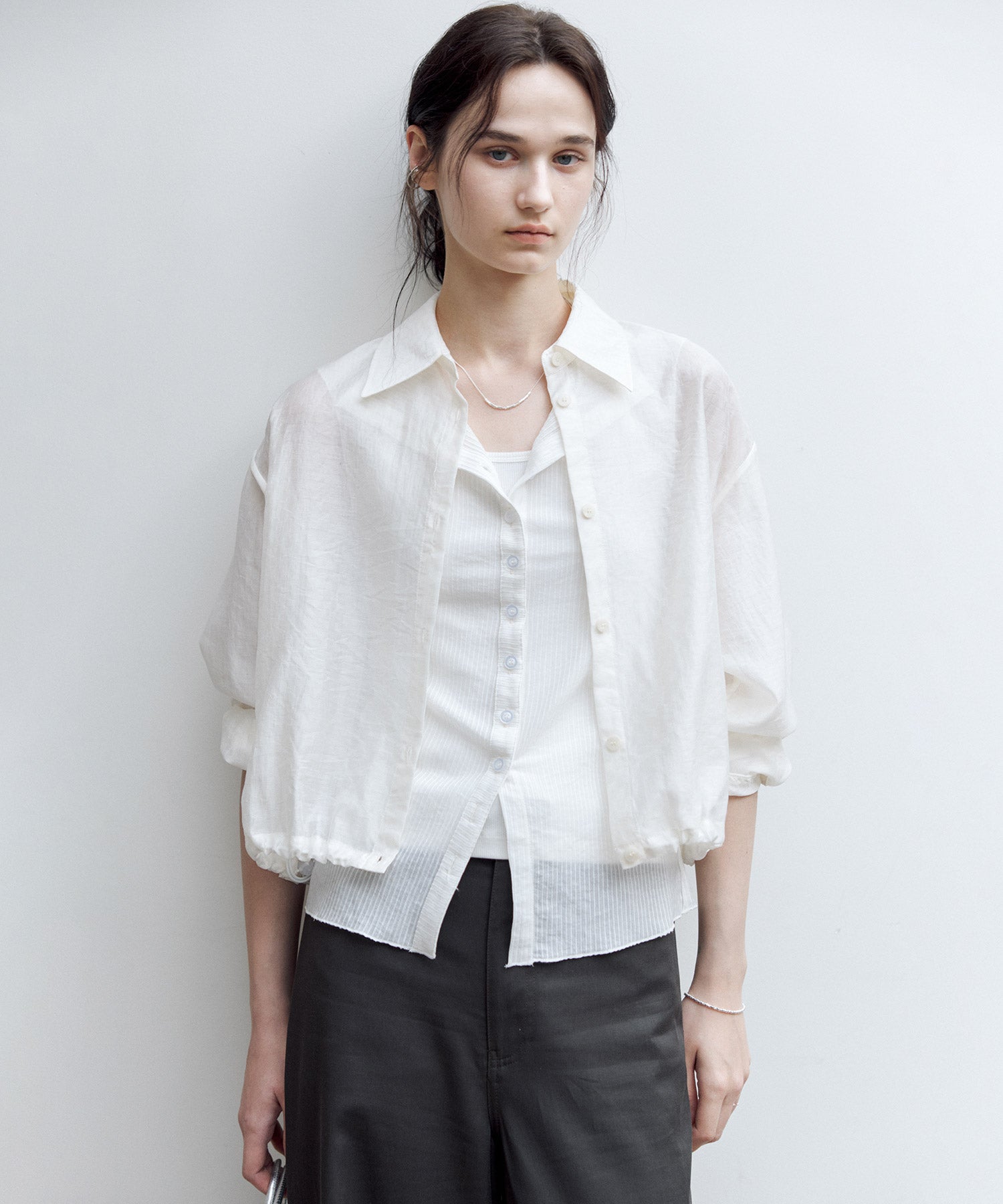 Sheer Cropped Shirt with Dropped Shoulders