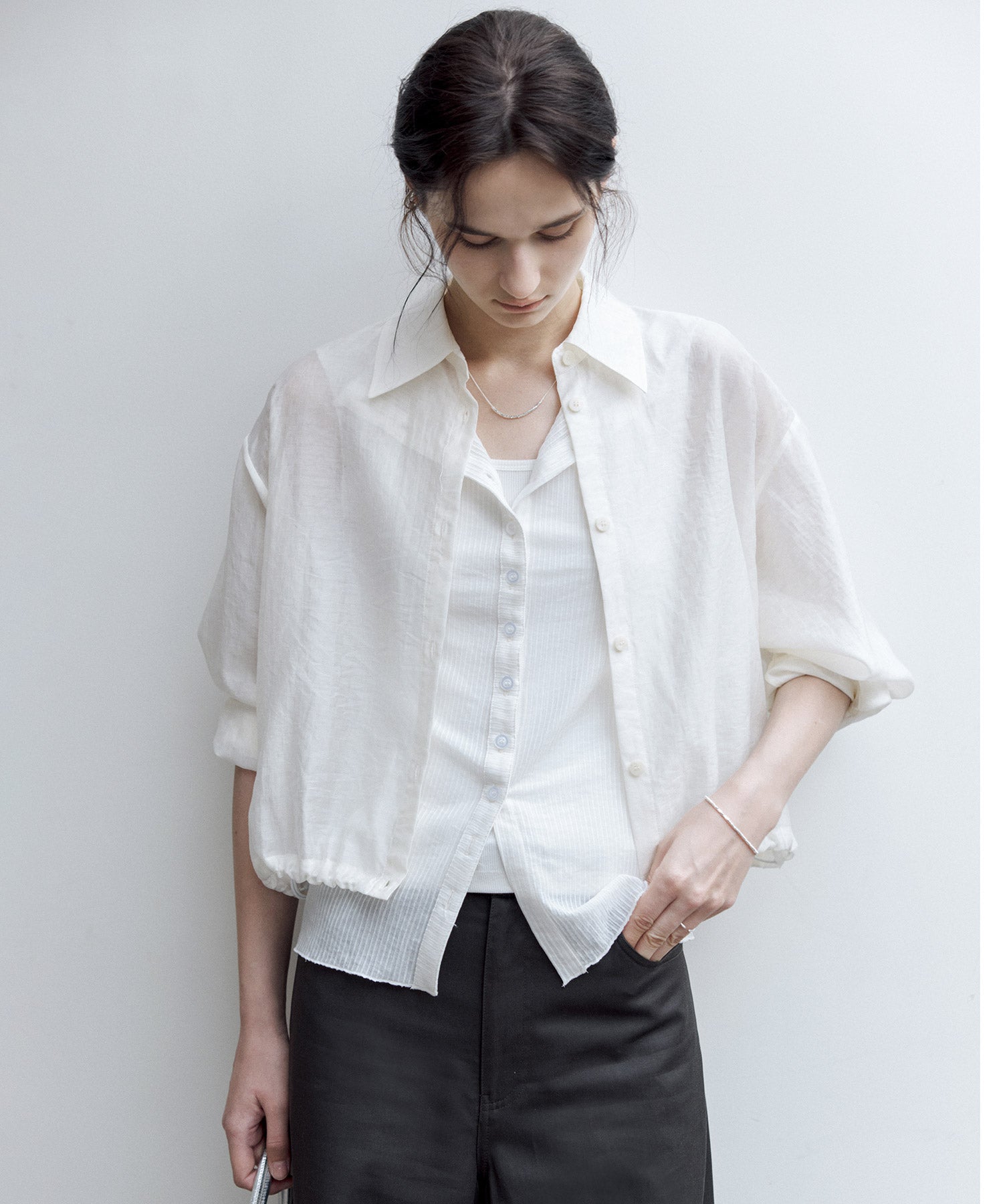 Sheer Cropped Shirt with Dropped Shoulders