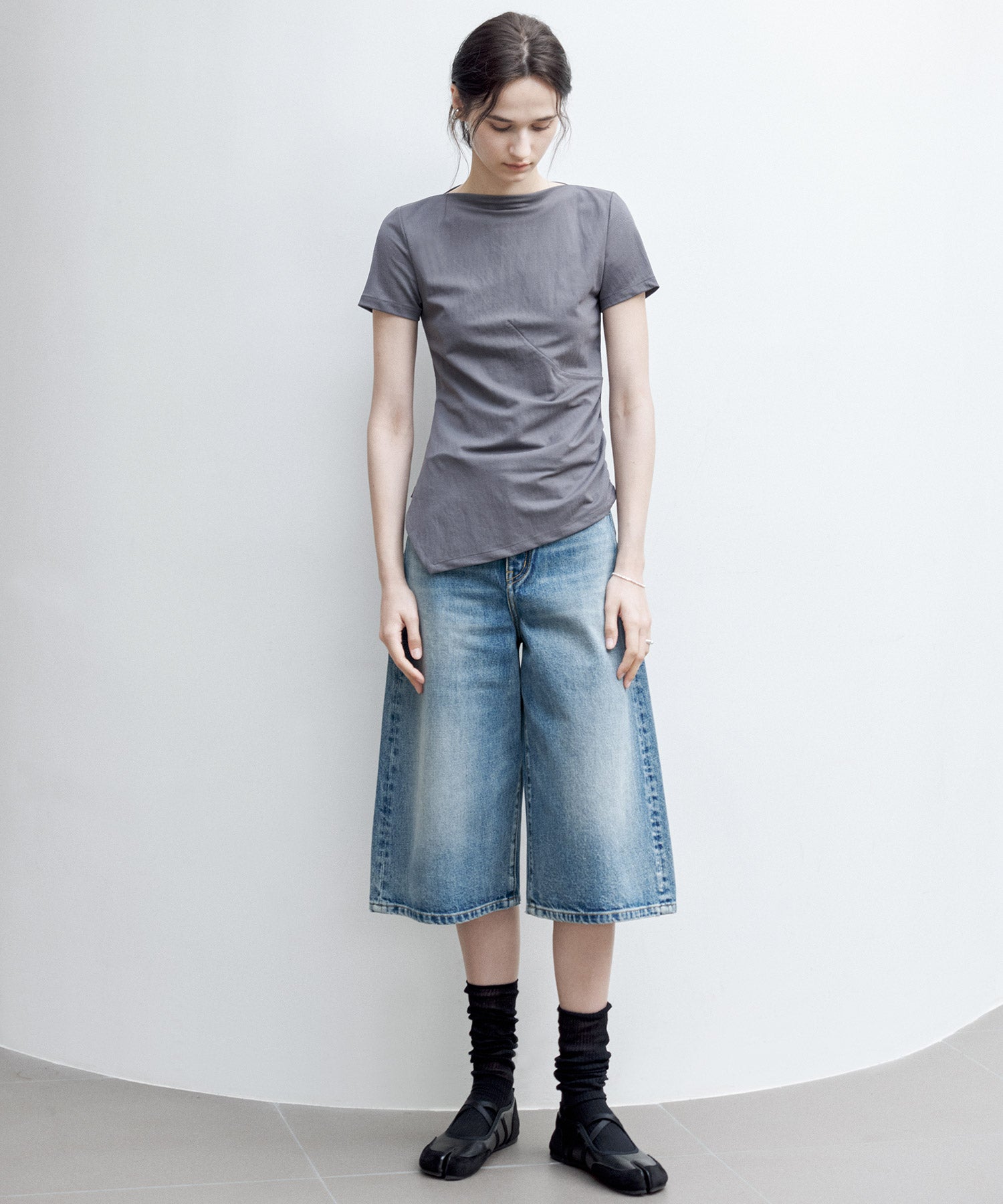 Asymmetric Slim Fit T-Shirt with Boat Neck – Deconstructed Style