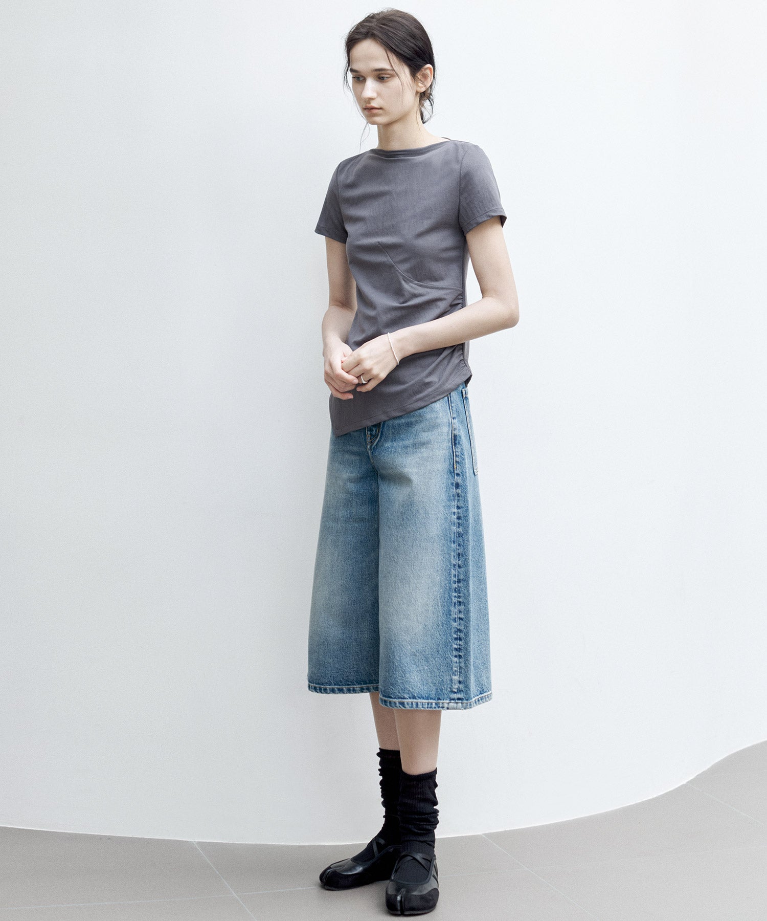 Asymmetric Slim Fit T-Shirt with Boat Neck – Deconstructed Style