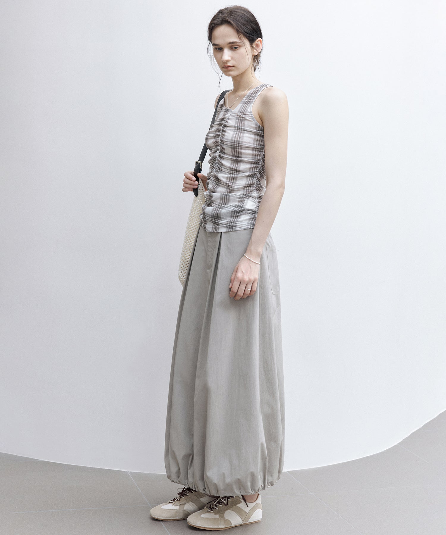 Ruched Checkered Sleeveless Top – Slim Fit Summer Blouse