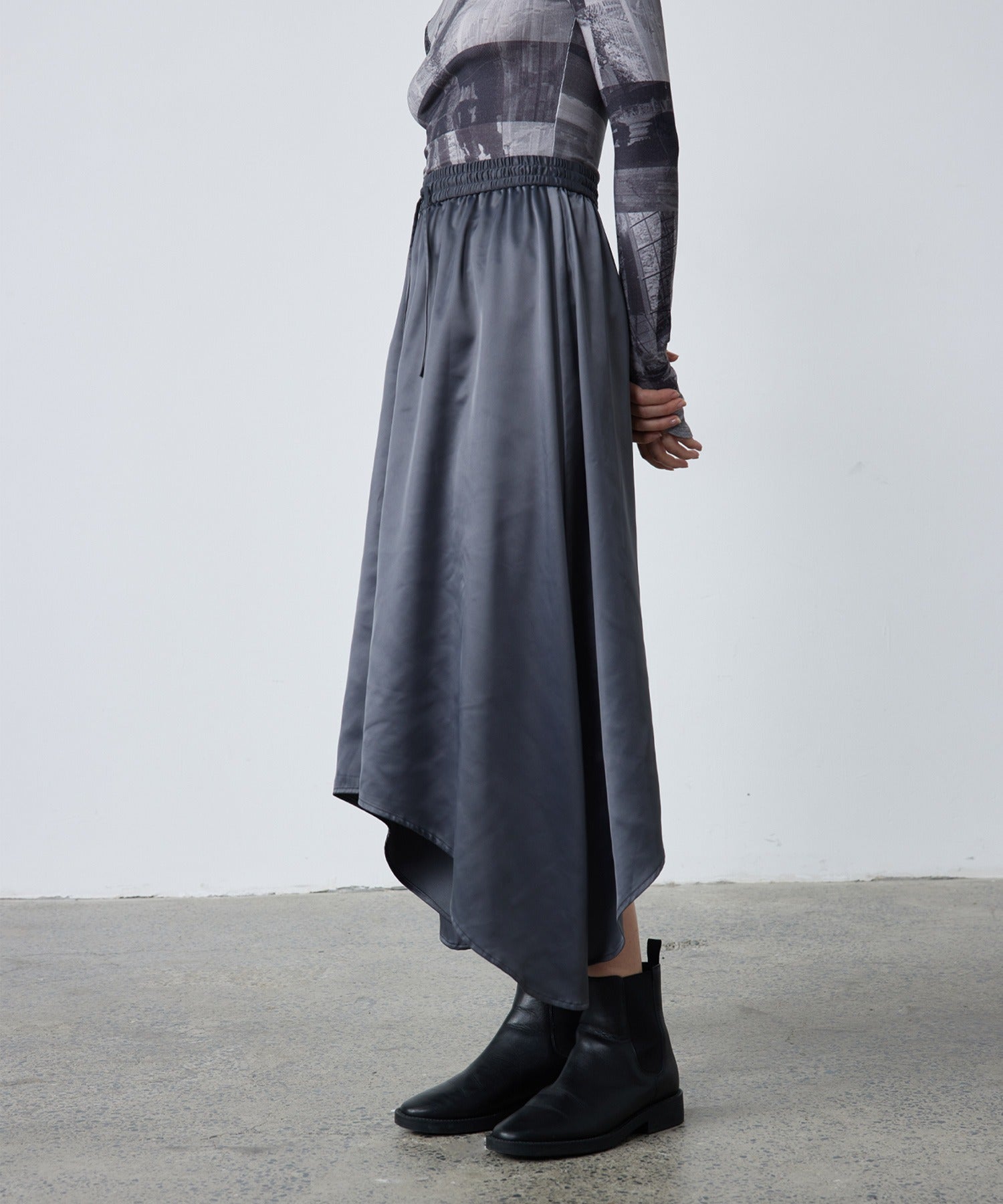 Satin Flare Skirt with Asymmetric Hemline