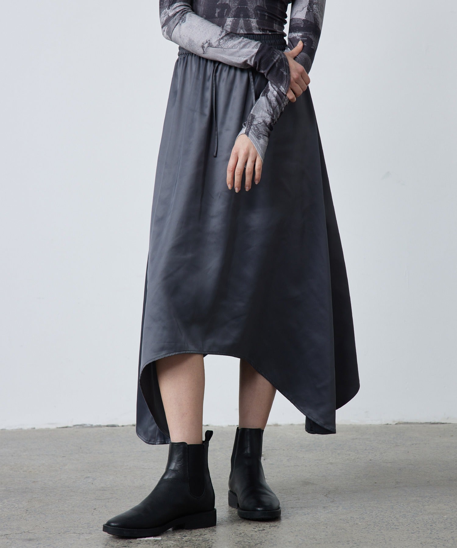 Satin Flare Skirt with Asymmetric Hemline