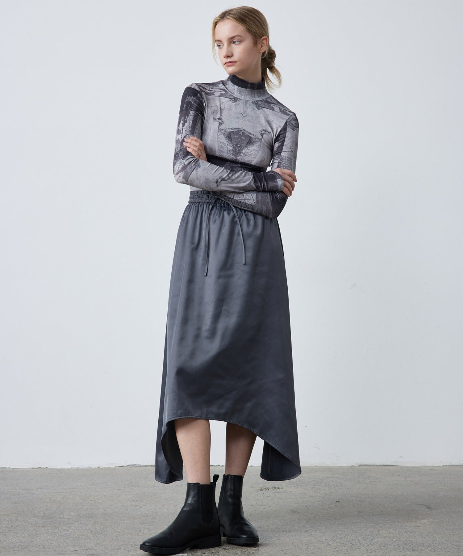 Satin Flare Skirt with Asymmetric Hemline