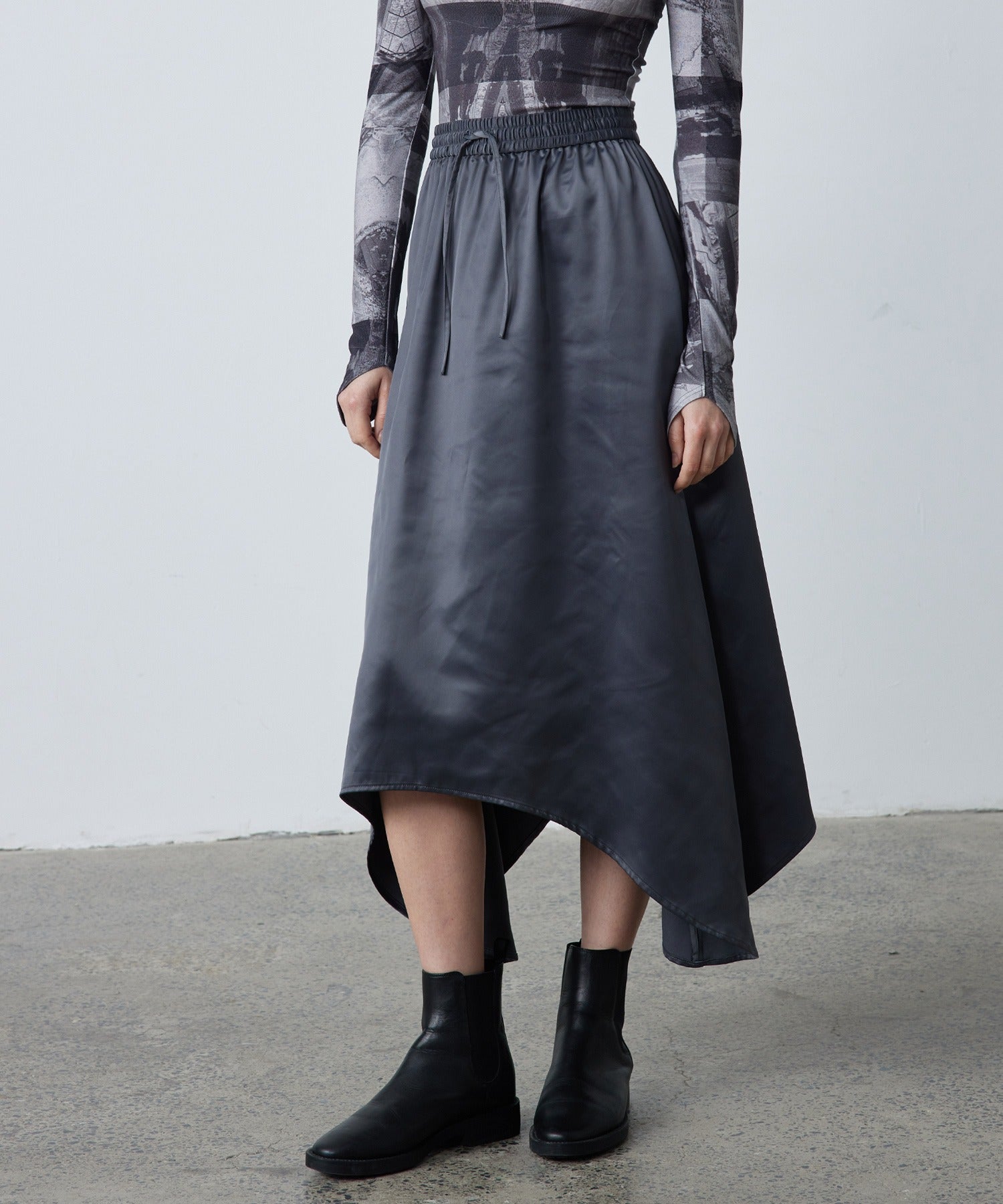 Satin Flare Skirt with Asymmetric Hemline