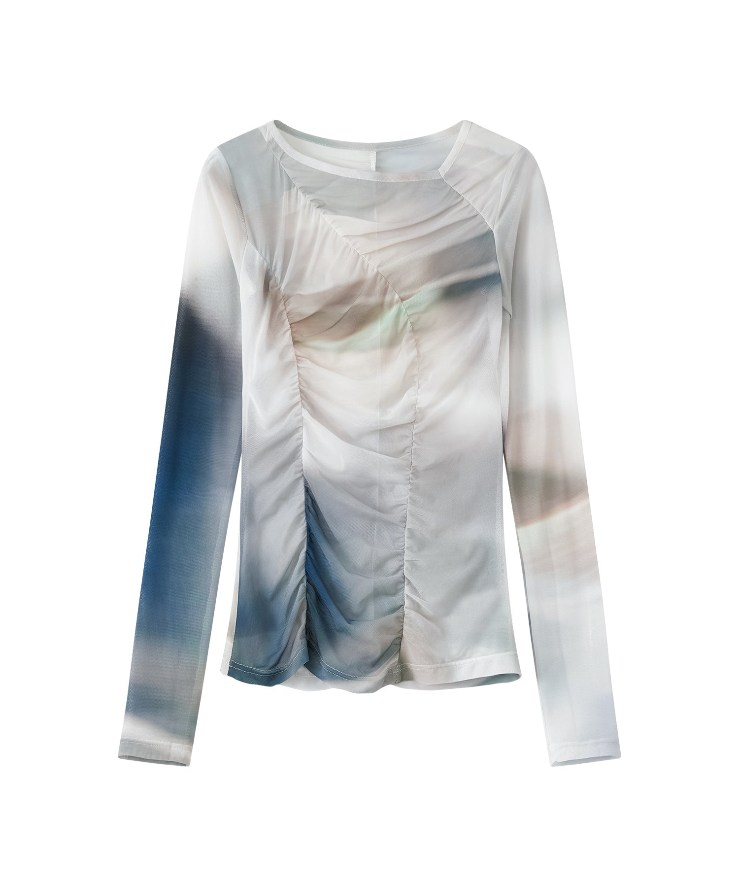 Art Print Sheer Long Sleeve Top with Draped Details