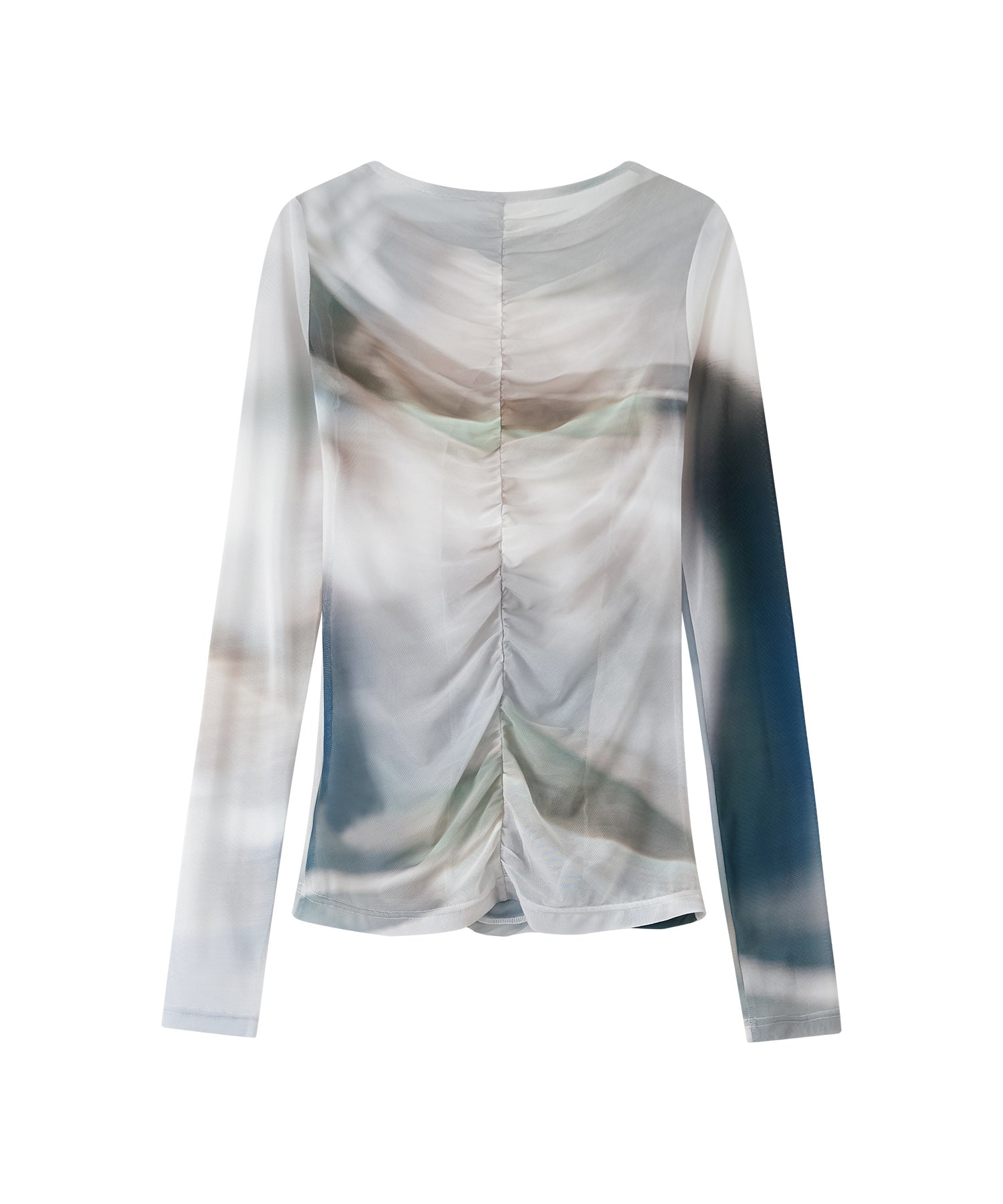 Art Print Sheer Long Sleeve Top with Draped Details