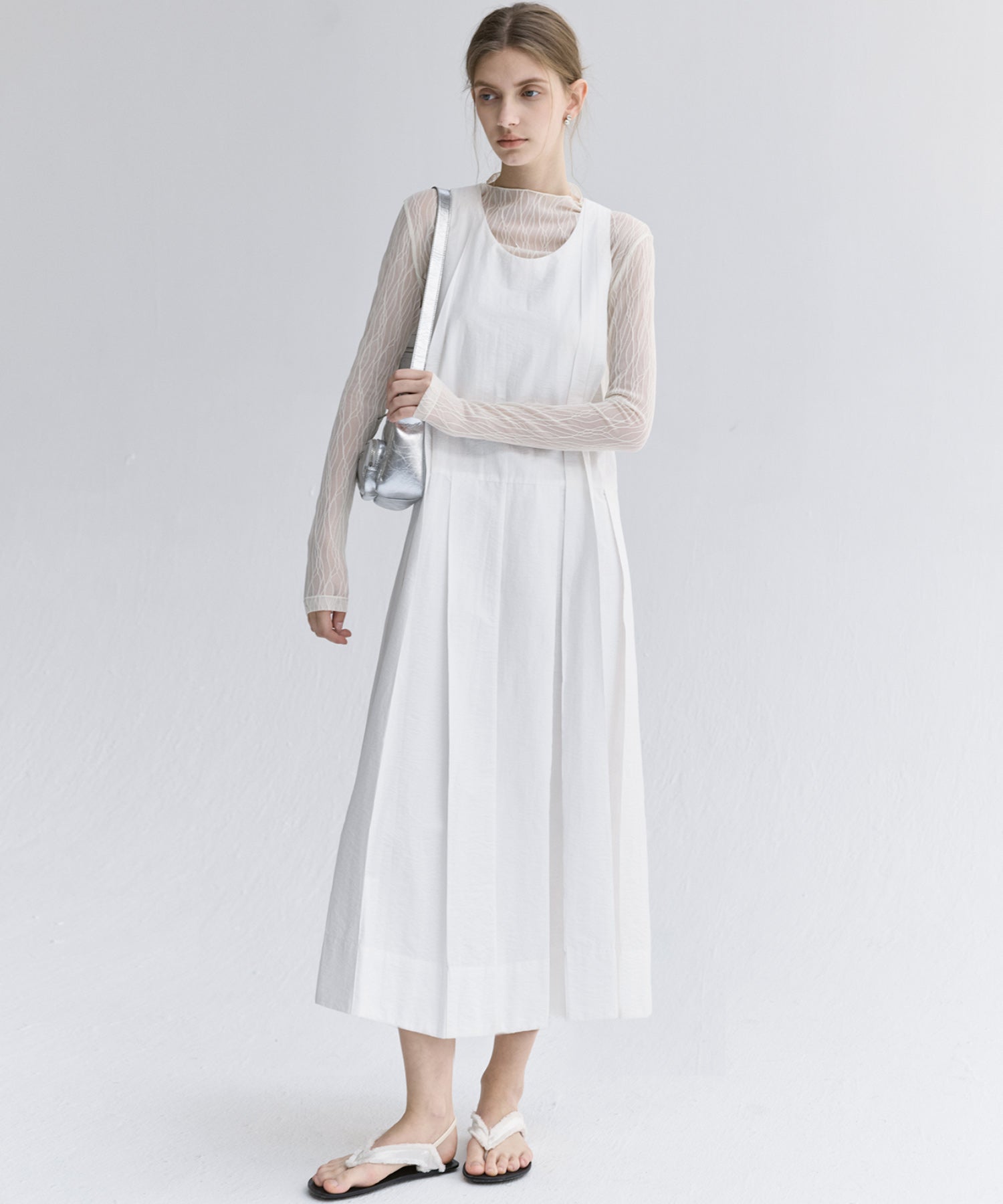 Volume Tuck White Dress