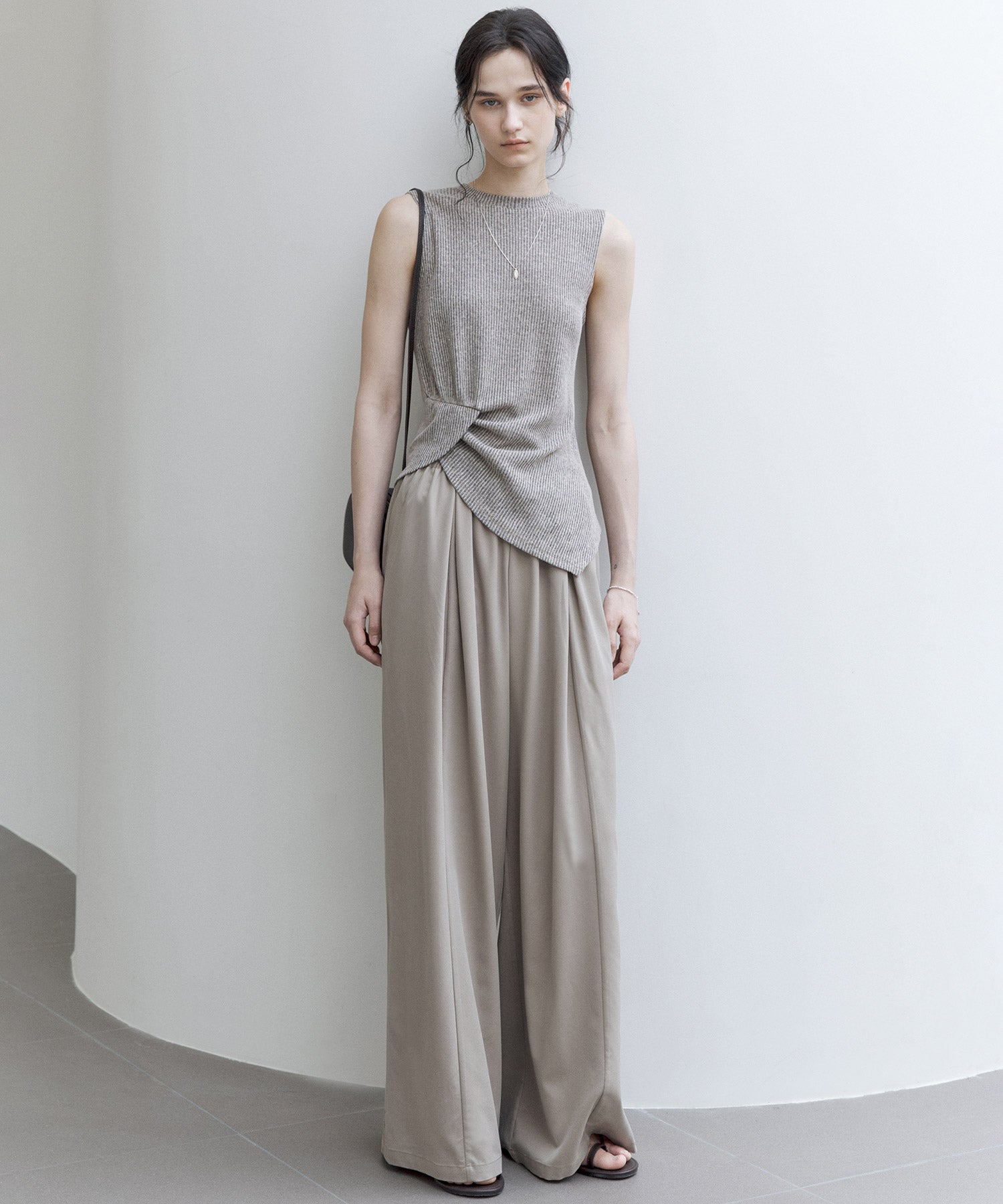Linen Blend Sleeveless Knit Top with Deconstructed Tuck Design