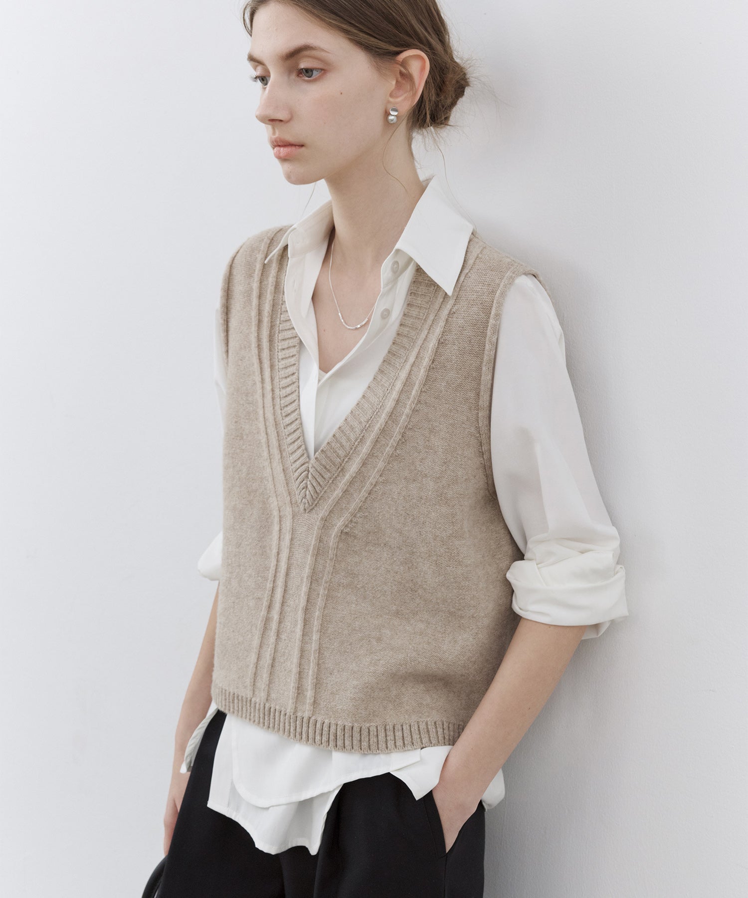 Deep V-Neck Wool Plain Knit Vest