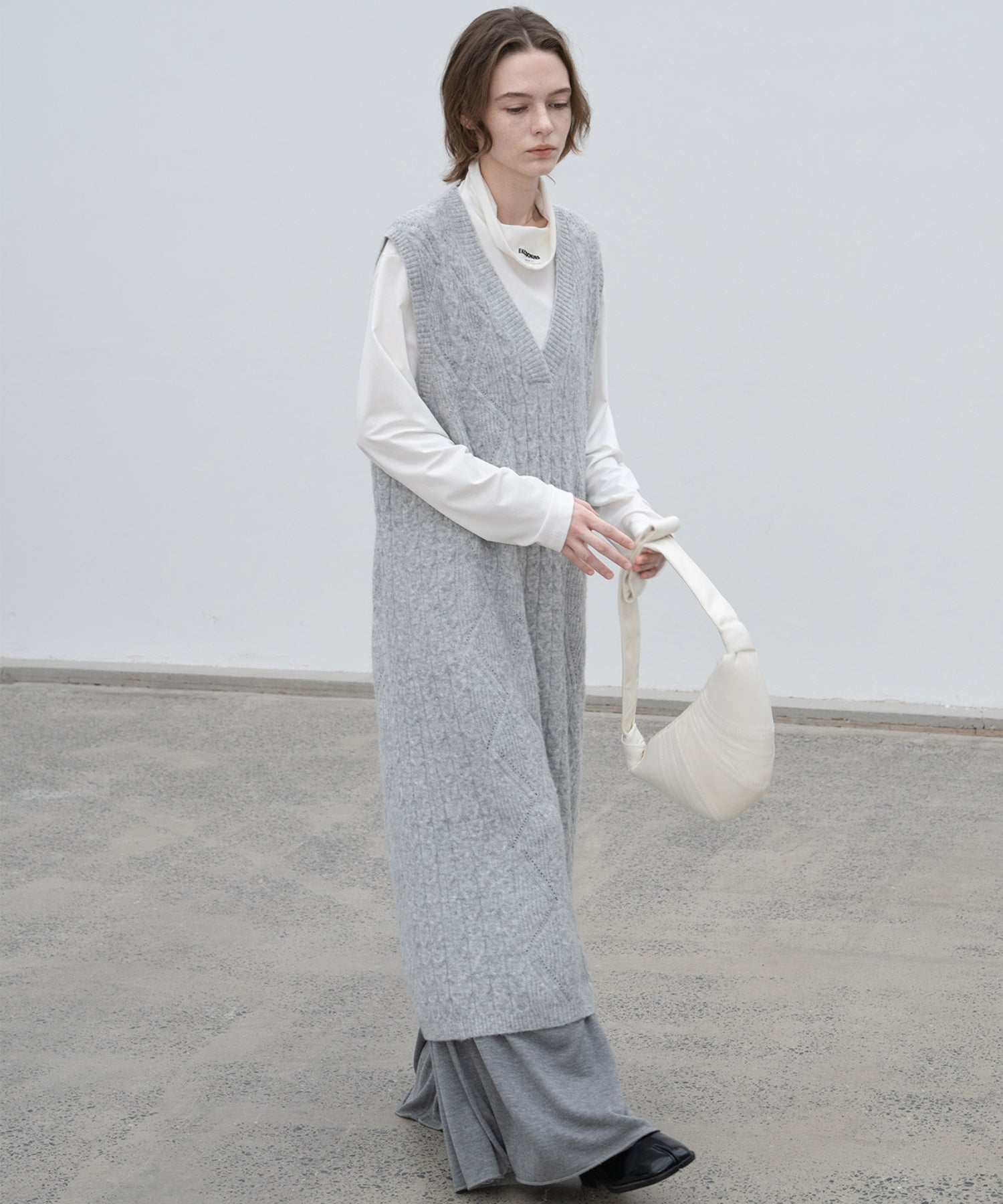 Back Open Cable Knit Long Vest Dress