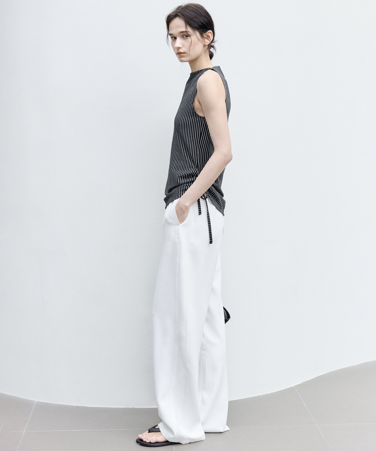 Striped Sleeveless Top with Adjustable Hem & Boat Neck