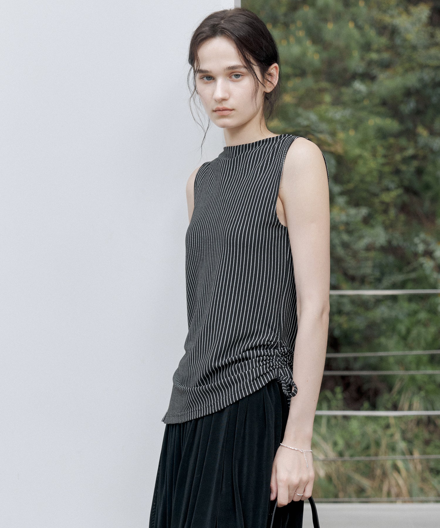 Striped Sleeveless Top with Adjustable Hem & Boat Neck