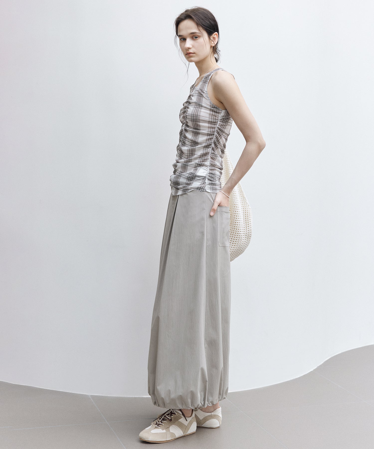 Ruched Checkered Sleeveless Top – Slim Fit Summer Blouse