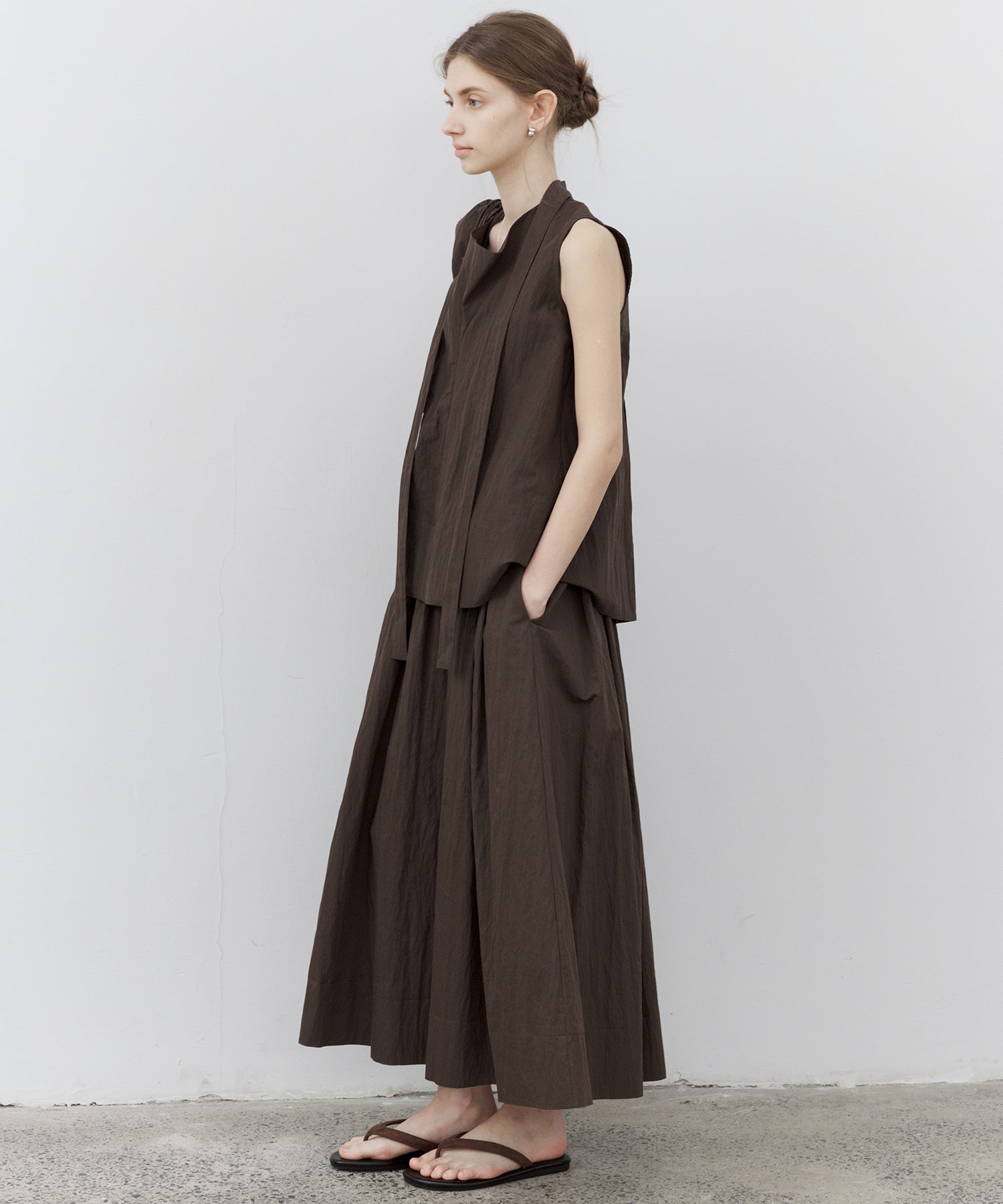 Drape Neck Pleated Blouse with Ribbon