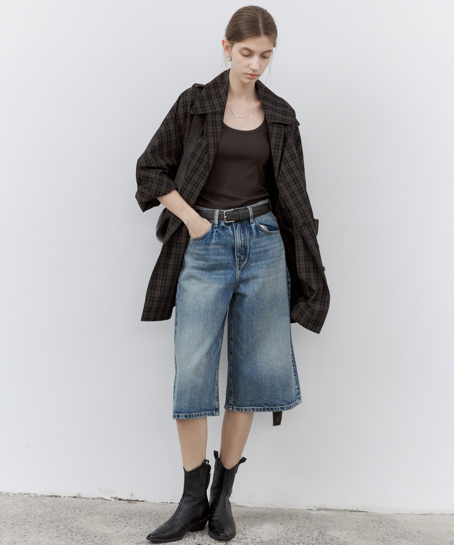 Notched Collar Plaid Mid-Length Trench Coat