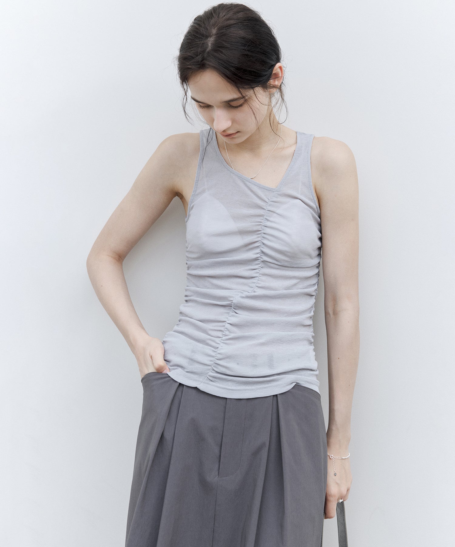 Ruched Checkered Sleeveless Top – Slim Fit Summer Blouse